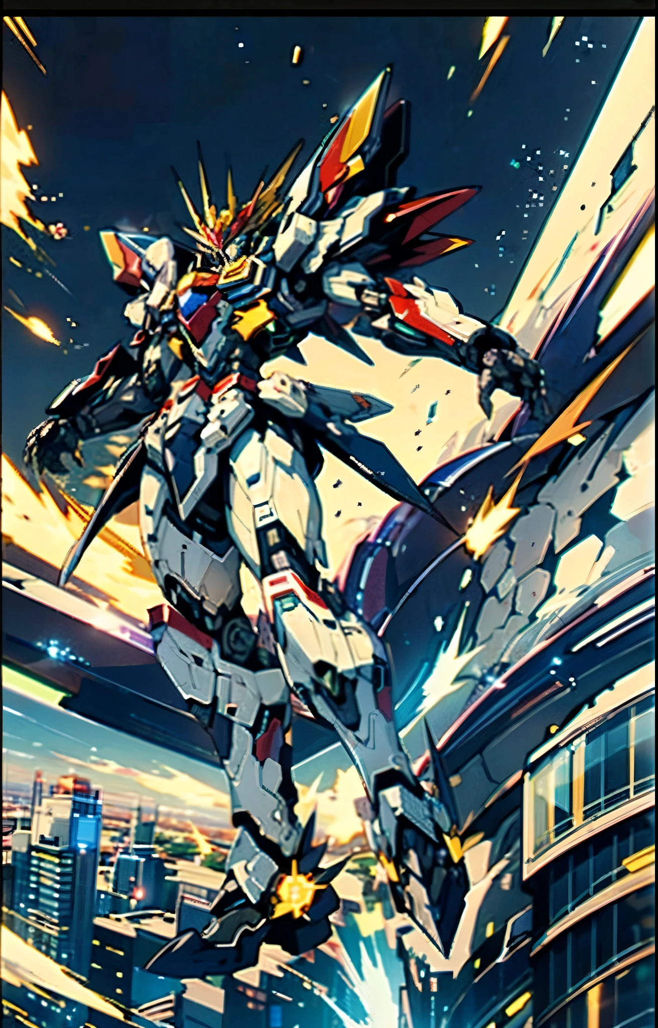 Humanoid Mecha, fully enclosed shoulder guards, matching arm and leg guards, full body, full armor, the design balances heavy with agility, (the color scheme is primarily white with red and blue accents, the concept Inspired by Super robot, organic biotech armor, standing, floating high above the futuristic sci-fi city), exquisite and mature art style, (aura effect, energy, glowing eyes, the armor glows), ((SRS)), metallic, dynamic, dramatic, high definition, best quality, highres, ultra-detailed, ultra-fine painting, extremely delicate, professional, perfect body proportions, anatomically correct, symmetrical face, extremely detailed eyes and face, high quality eyes, creativity, RAW photo, UHD, 32k, Natural light, cinematic lighting, masterpiece-anatomy-perfect, masterpiece:1.5