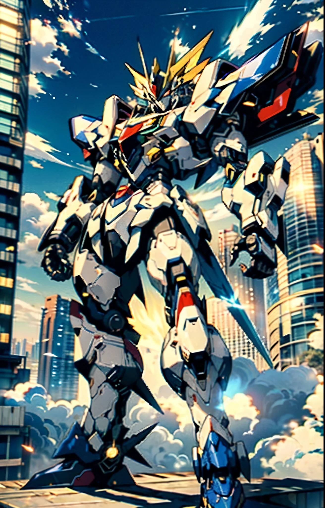 Humanoid Mecha, fully enclosed shoulder guards, matching arm and leg guards, full body, full armor, the design balances heavy with agility, (the color scheme is primarily white with red and blue accents, the concept Inspired by Super robot, organic biotech armor, standing, floating high above the futuristic sci-fi city), exquisite and mature art style, (aura effect, energy, glowing eyes, the armor glows), ((SRS)), metallic, dynamic, dramatic, high definition, best quality, highres, ultra-detailed, ultra-fine painting, extremely delicate, professional, perfect body proportions, anatomically correct, symmetrical face, extremely detailed eyes and face, high quality eyes, creativity, RAW photo, UHD, 32k, Natural light, cinematic lighting, masterpiece-anatomy-perfect, masterpiece:1.5