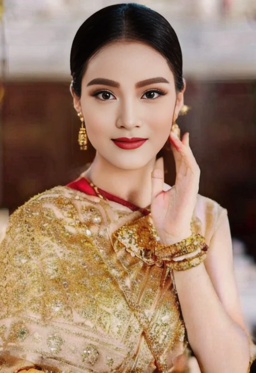 A woman in a gold sari poses for a photo., traditional beauty, Southeast Asia that has existed for a long time, beautiful oriental woman, traditional makeup, Southeast Asians with round faces, Niwan Chandra, Portrait of a modern Darna, asian woman, Wear gold jewelry, Dilraba Dilmurat, very very beautiful, gold and red, Asian face