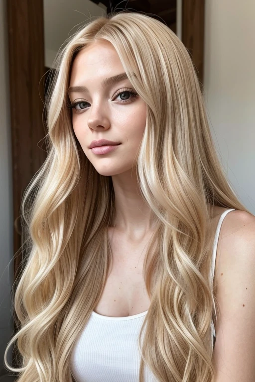 Jolie jeune fille; long orange blonde hair, wavy and loose hair, slightly tousled hair; yeux gris vif; claire; 160 cm de hauteur; mince; Coupe d&#39;head to waist image; car in the background; d&#39; timide; The camera is slightly above&#39;she towards whom she looks up innocently.