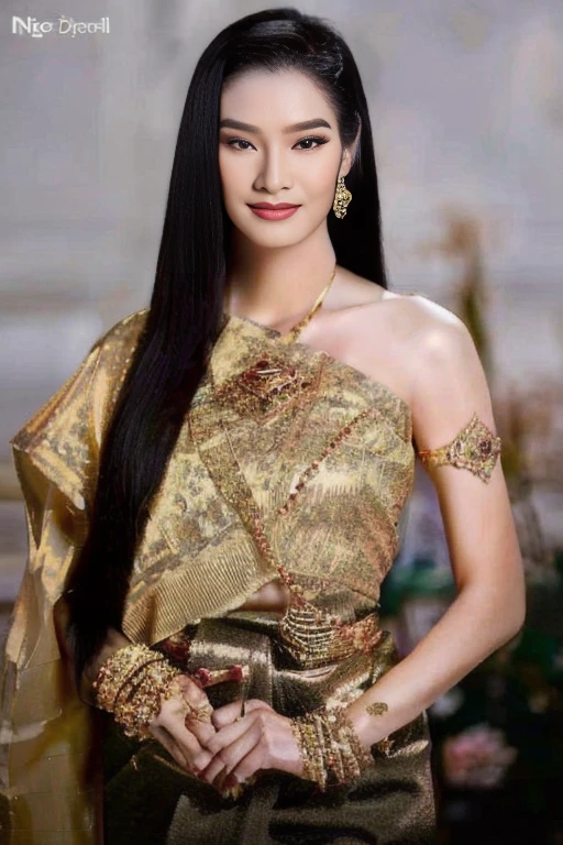 A woman in a gold sari poses for a photo., traditional beauty, Southeast Asia that has existed for a long time, beautiful oriental woman, traditional makeup, Southeast Asians with round faces, Niwan Chandra, Portrait of a modern Darna, asian woman, Wear gold jewelry, Dilraba Dilmurat, very very beautiful, gold and red, Asian face