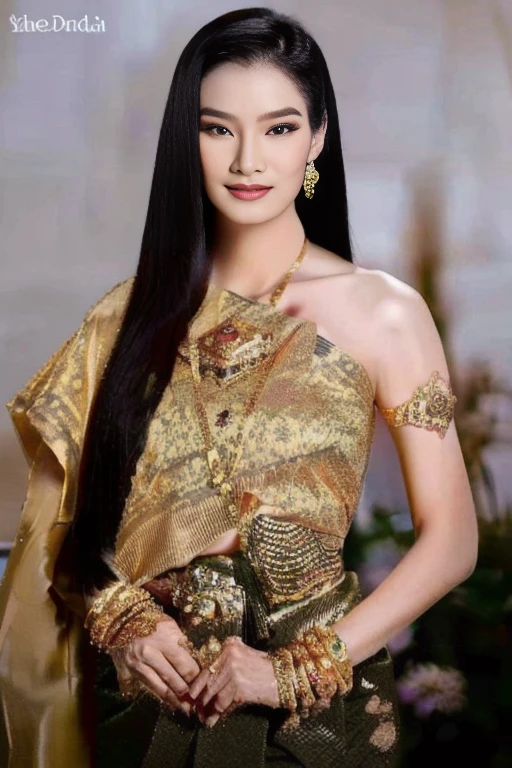 A woman in a gold sari poses for a photo., traditional beauty, Southeast Asia that has existed for a long time, beautiful oriental woman, traditional makeup, Southeast Asians with round faces, Niwan Chandra, Portrait of a modern Darna, asian woman, Wear gold jewelry, Dilraba Dilmurat, very very beautiful, gold and red, Asian face