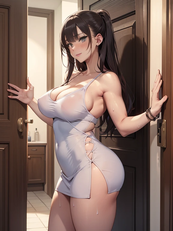 perfect human body, 1 old man, 1 girl、couple、hetero、 software, ((realistic)), (highly detailed background、In front of the door of the Bathroom), ((short girl, 、transparent mini sexy dress woman), (((Stand next to the girl、old man putting his hand on girl's shoulder))), ((woman waving)), ((Sweat,vapor,))), big breasts、((expression of fear)), (blushing face), old man standing next to a girl、vulgar laughing man, Embarrassed, wife cheating, Caught in the act, faceless man, full naked, Sharing the wife with friends, old man and girl, girl fitness muscular legs, old man group, high quality ultra-detailed, definition 4k ultra, couple in love, Man lifting woman's dress, old men party, woman Erect nipples, decollete big, age difference, girl hugging two old men, slut girl, 0