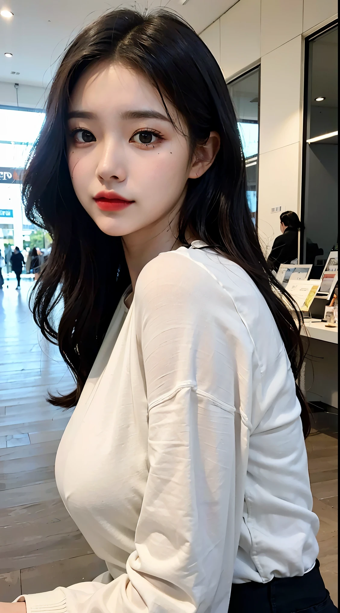 (Best Quality,4k,8K,high resolucion,Masterpiece:1.2),Ultra-detailed,(realisitic,Photorealistic,Realistis:1.37),Shopping mall with benches,Autumn fashion,Trendy looks for autumn,18 years-old,Korean Girl,Cute face,Fair skin,Long hair,Thick Hair.