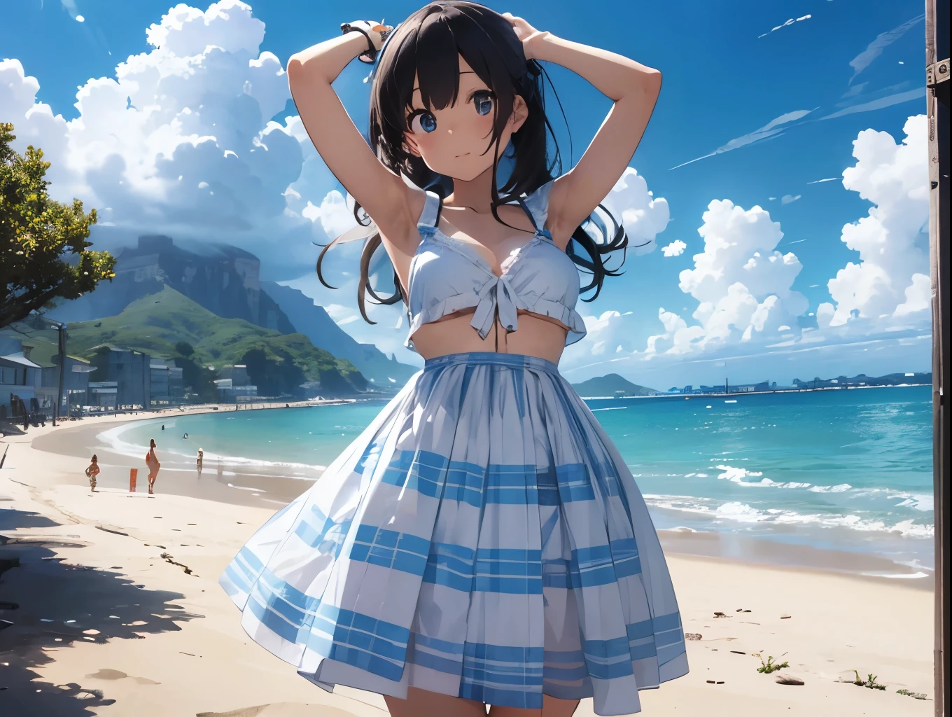 Breasts sticking to a white dress shirt、She lifts her light blue and white checkered skirt with both hands to show off her cute white underwear with ribbons、barefoot、Sandy beach, sea, cumulonimbus clouds and blue sky