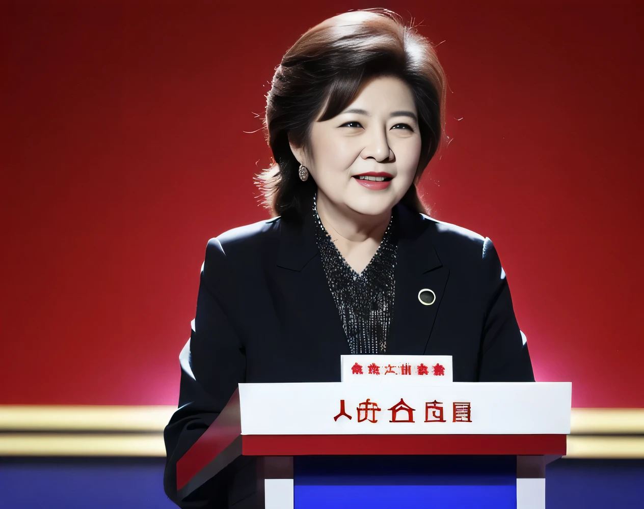 A female leader,Speaking at the microphone,woman,60 years old,Meeting background,Formal Meeting background,CPPCC Background,Wear a dark suit,Sit in front of you,Female leaders,Sit in front of the microphone and speak,Chinese female leaders