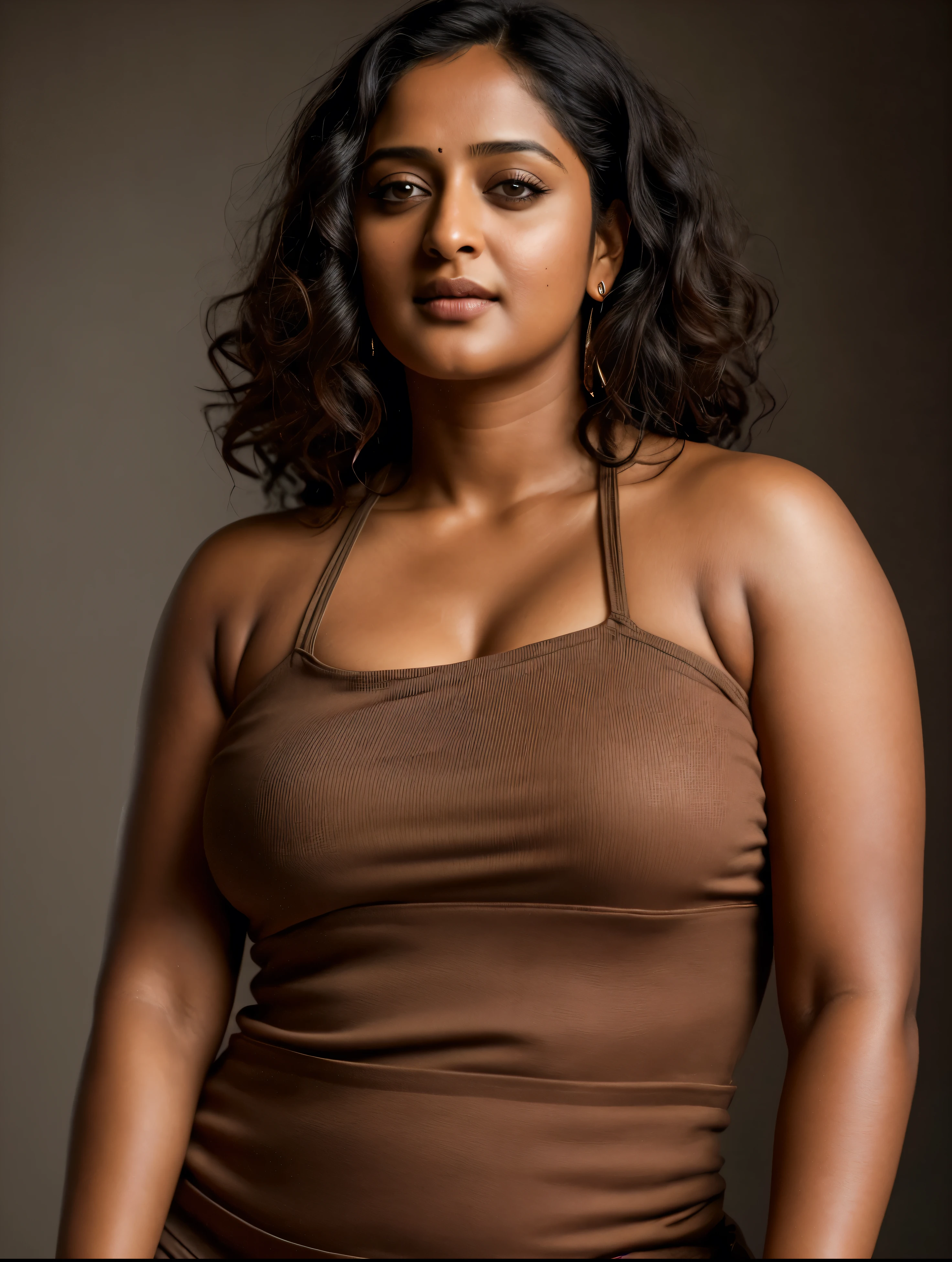 Looks like Anushka Shetty, a photo portrait of a beautiful girl 40 years old, with curls, styled black hair, (face portrait:1.5), dramatic light, Rembrandt lighting scheme, bust shot, linen tank top , top quality editorial photograph, skin texture, skin pores, chocolate skin, high quality skin, top quality photography, professional photography, professional retouching, insane detailing, warm moody tones, modern clothes,