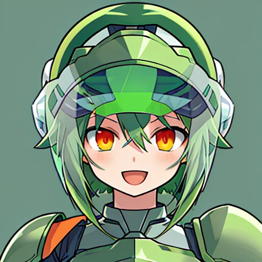 A portrait of a cute anime girl with green hair and orange eyes wearing a futuristic helmet. The metal helmet fits over her head with a clear visor raised over her eyes. cute, young, youthful, short hair, straight hair, (shoulder length hair:1.5), (very green hair:1.5), (orange eyes:1.5), (hair intakes:1.5), (smile:1.3), (open mouth:1.3), pale skin, sci-fi armored helmet, (transparent visor:1.5), close-up, face, detailed, mecha helmet, (green armor:1.5), mechanical armor plating