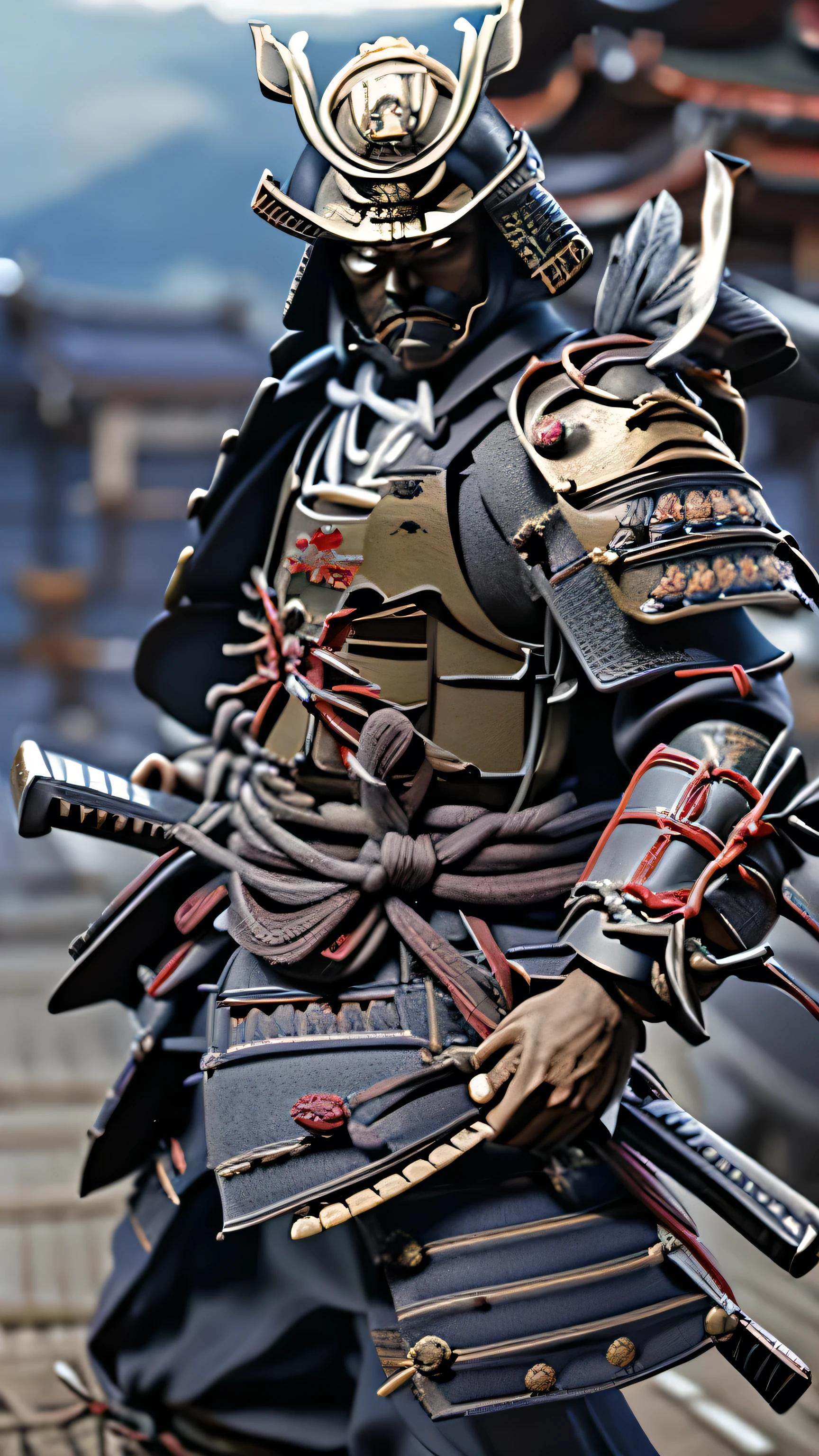 A highly detailed, cinematic portrait of a samurai warrior from the Sengoku period of feudal Japan. The samurai is wearing a sleek, jet-black lacquered armor set, including a distinctive kabuto helmet with a dark mask covering the face. The armor has intricate metallic accents and the warrior's body emanates a sense of intense heat, with steam rising from the surface. The armor features a distinctive Japanese design, with a curved breastplate, large shoulder guards, and a skirt-like kusazuri protecting the thighs. The samurai is in a dynamic, powerful pose, gripping a katana with both hands, ready to strike. The background is blurred, suggesting a battlefield setting, but the focus is sharply on the imposing figure of the samurai, conveying a powerful and ominous presence. The image is captured with a high-end professional camera, resulting in an extremely high-quality, refined, and photorealistic visual experience that is virtually indistinguishable from a real photograph.