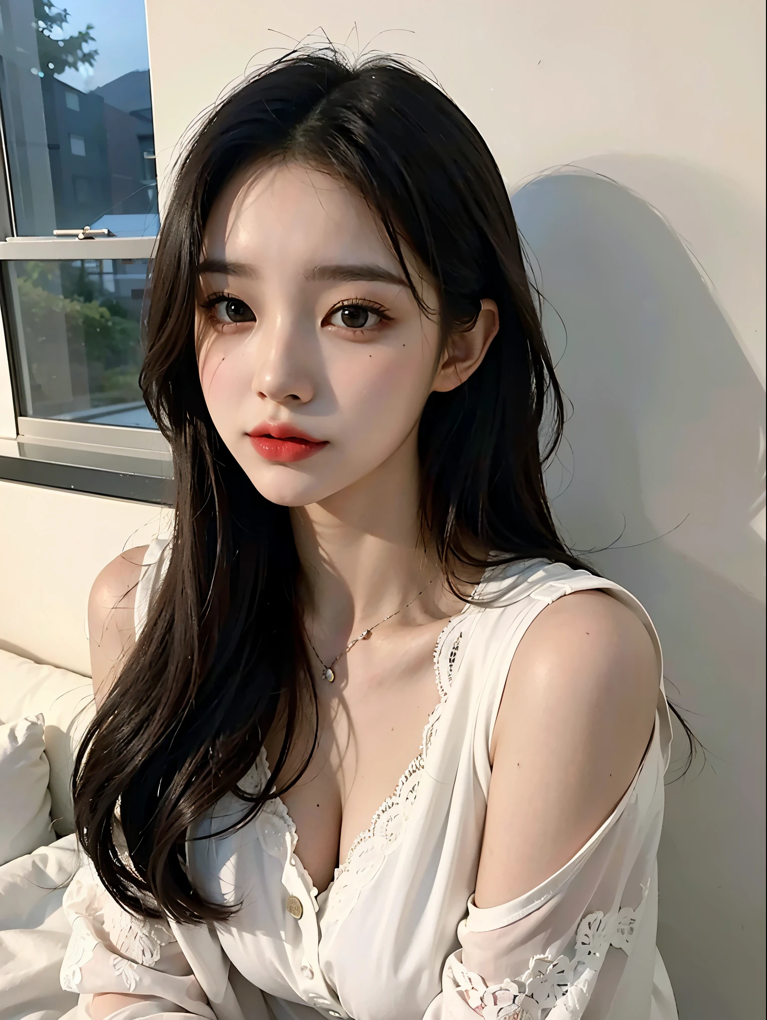 (Best Quality,4k,8K,high resolucion,Masterpiece:1.2),(realisitic,Photorealistic,Realistis:1.37),Dark window landscape,Korean,19 years old,White lace pajamas,Sitting on the bed,Leaning against the wall,Long hair,White skin,beautiful big eyes,Cute appearance,Korean beauty