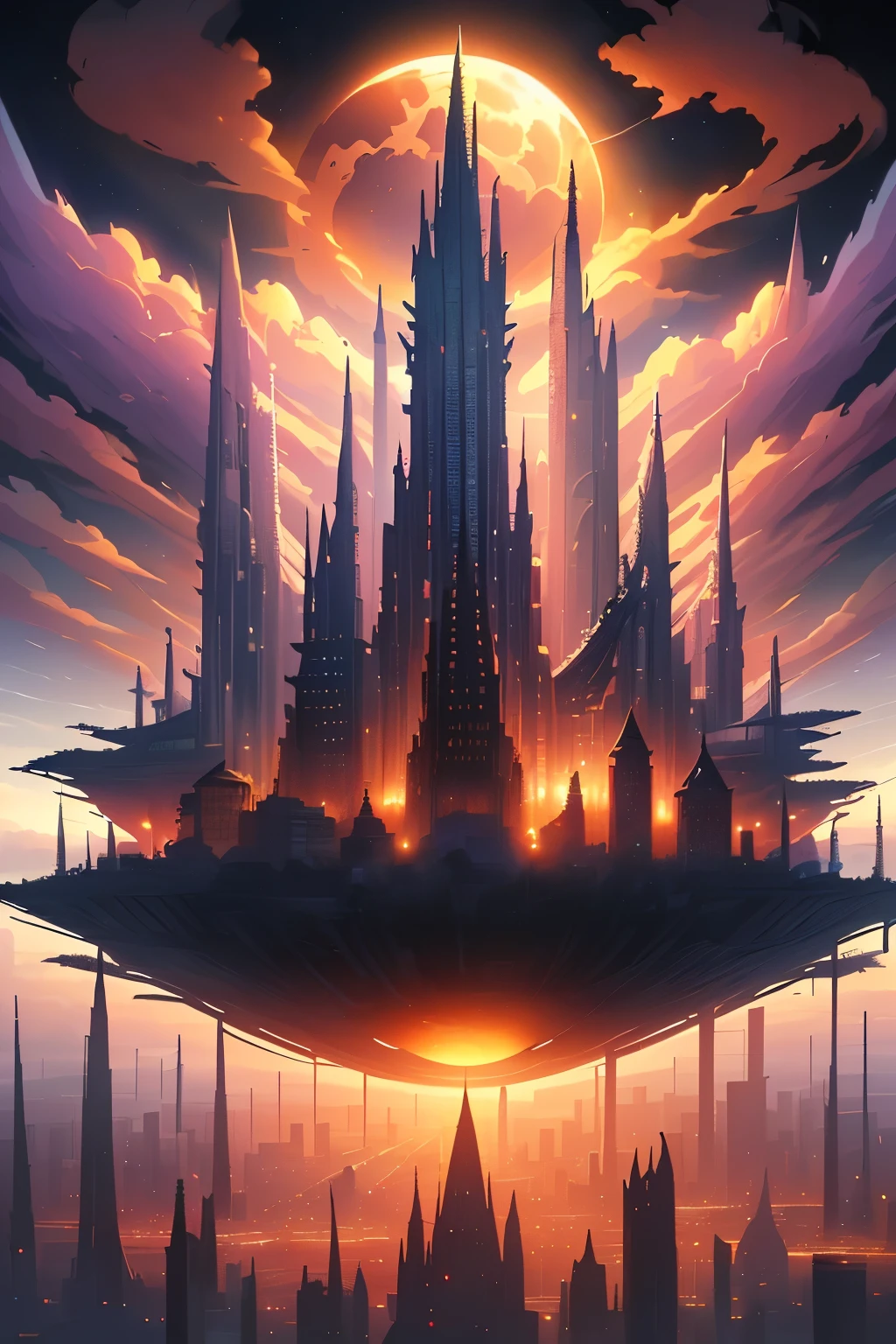 ((master piece)), best quality, (8k, best quality, masterpiece:1.2), ultra-detailed, illustration, big fantasy city, Science fiction, ethereal city, Floating city, many planets in the skies, clouds around, celestial architecture, purple energy scarring around, Giant castle in the center, astral skies