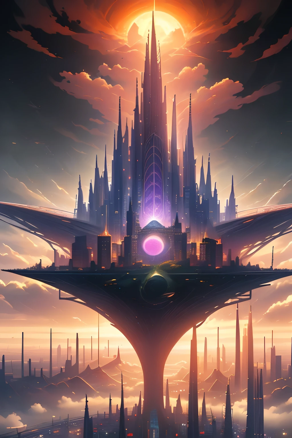 ((master piece)), best quality, (8k, best quality, masterpiece:1.2), ultra-detailed, illustration, big fantasy city, Science fiction, ethereal city, Floating city, many planets in the skies, clouds around, celestial architecture, purple energy scarring around, Giant castle in the center, astral skies