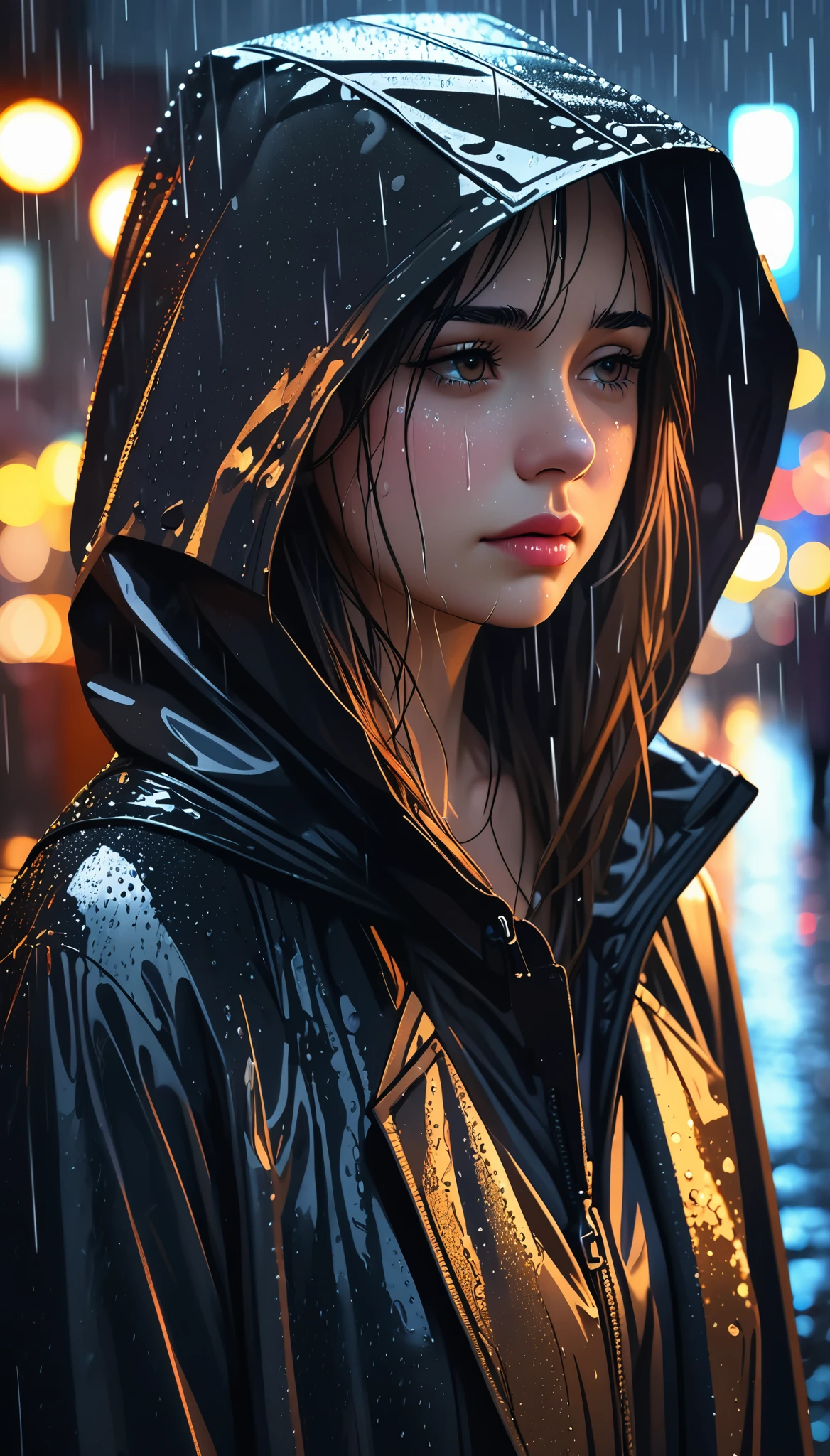 A girl with a hood alone in the rain,illustration,pouring rain,loneliness,best quality,ultra-detailed,realistic,portrait,dark tone,misty atmosphere,wet streets,hooded raincoat,melancholy expression,invisible umbrella,lights sparkling,Urban environment,high resolution,vivid colors,Bokeh,night scene,NYC cityscape.