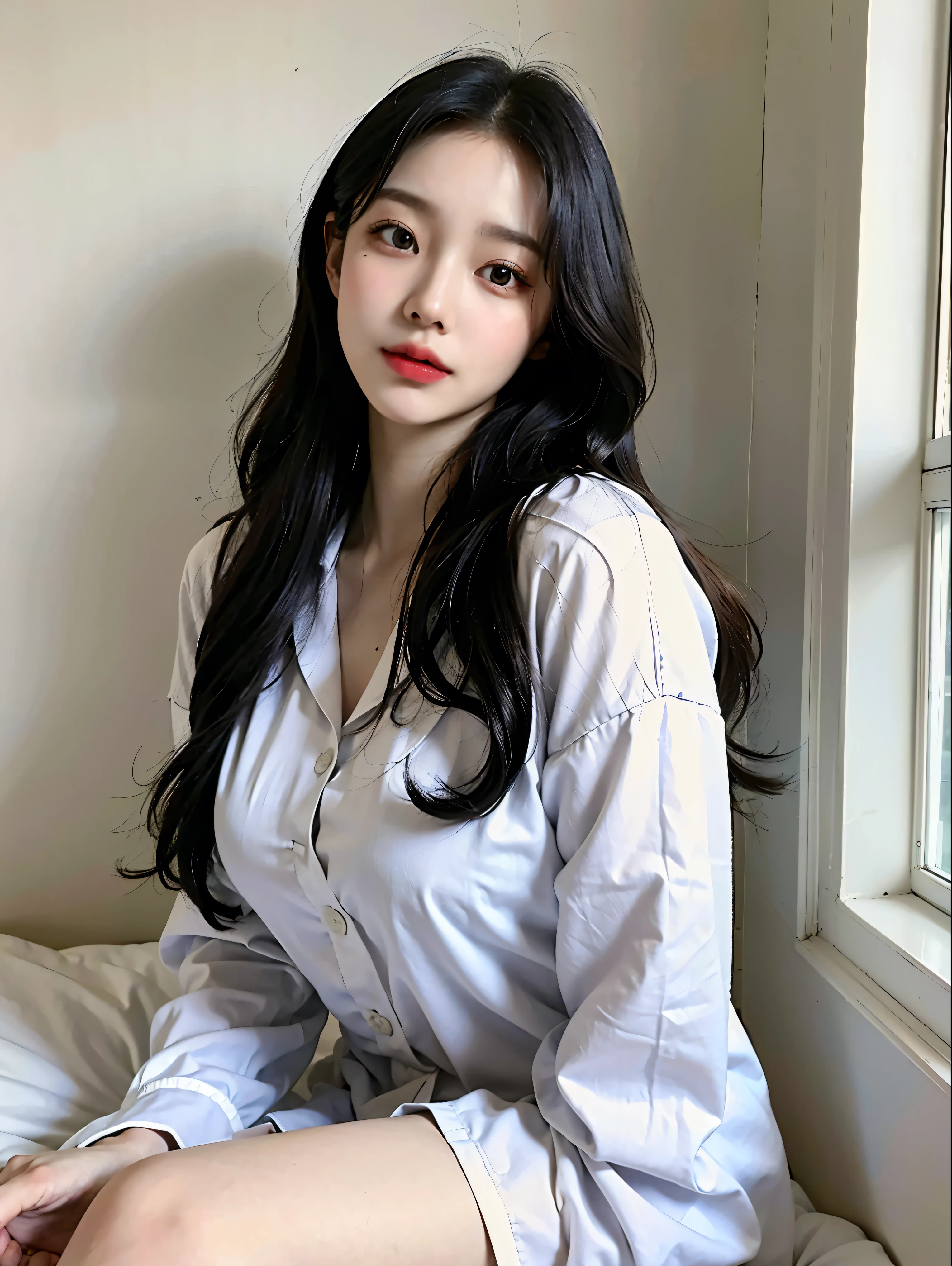 (Best Quality,4k,8K,high resolucion,Masterpiece:1.2),(realisitic,Photorealistic,Realistis:1.37),Dark window landscape,Korean,19 years old,White lace pajamas,Sitting on the bed,Leaning against the wall,Long hair,White skin,beautiful big eyes,Cute appearance,Korean  beauty