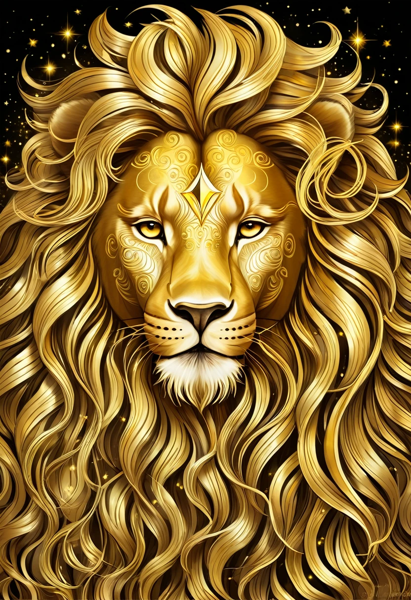 Create a man with unique characteristics, inspired by the sign of Leo and the cosmological stars An artistic representation of the essence of this sign, with striking features and a mysterious aura, leave in evidence golden traces of gold and golden lights, yellowish hair like gold and a confident smile Make clear the pride of the sign of Leo in its essence with a long curly and voluminous hair as a representation of the mane