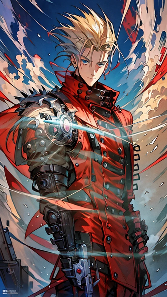 Trigun-Inspired Fantasy Anime: A towering adventurer, characterized by spiky platinum blonde hair and bright, piercing blue eyes, is elegantly adorned in a vibrant, flowing red overcoat. Striking a dynamic pose ready to strike, he steadies a large silver revolver, whose shiny surface reflects the intricately dramatic lighting illuminating the scene. The adventurer's detailed face is etched with determination amid the hyper-detailed clothing that billows around him. The colors are rich and vibrant, adding to the captivating atmosphere of this Trigun-inspired masterpiece.