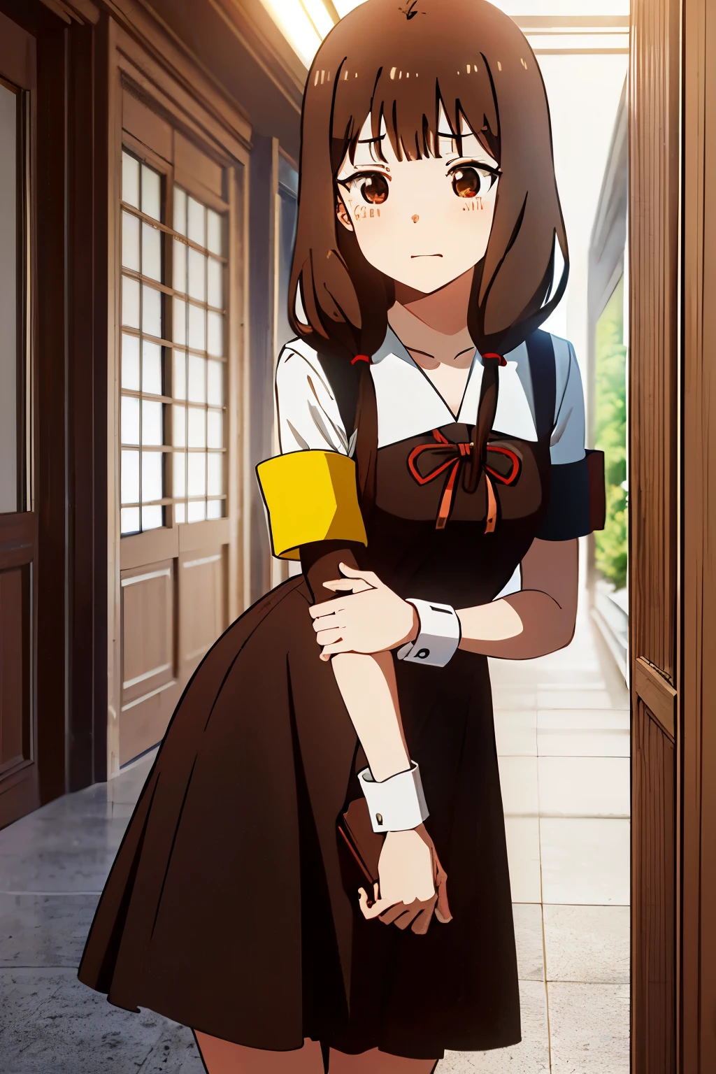 ((masterpiece:1.3, highly detailed:1.3, highres:1.1, best quality, HD, full image)),((miko iino, blunt bangs, (brown eyes:1.5), brown hair, hair tie, long hair, low twintails, red ribbon, ribbon, twintails,)),((black dress, dress, pinafore dress, , shirt, short sleeves, shuuchiin academy , white shirt, armband)),((school view, hallway, classes, trees)),((shy face, blushing, embarrassed))