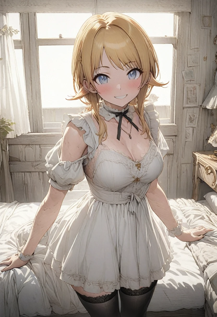 NSFW,(pale illustration,anime illustrations:1.2),(masterpiece, highest quality, so beautiful, Super detailed),textured skin, high details,8k,gleaming skin,pale outline
(hachimiya meguru, idolmaster:1.2),gold hair,
1 girl,(black Thighhighs:1.3),middle breasts,shorty,happy smile,
lolita fashion,standing,
from front,white and clean bedroom