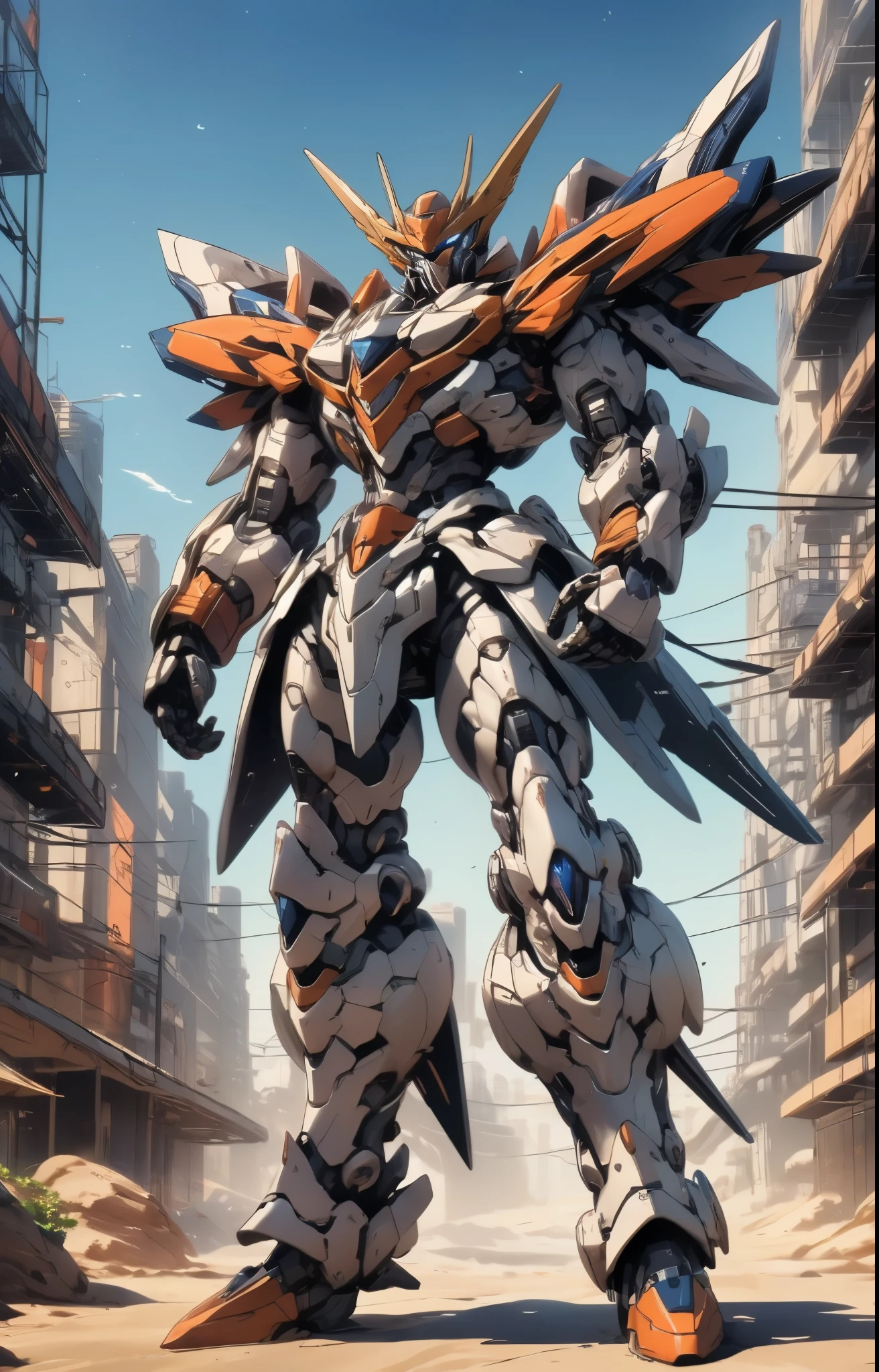 Humanoid Mecha, fully enclosed shoulder guards, matching arm and leg guards, full body, full armor, the design balances heavy with agility, (the color scheme is primarily white with red and blue accents, the concept Inspired by Super robot, organic biotech armor, standing, floating high above the futuristic sci-fi city), exquisite and mature art style, (aura effect, energy, glowing eyes, the armor glows), ((SRS)), metallic, dynamic, dramatic, high definition, best quality, highres, ultra-detailed, ultra-fine painting, extremely delicate, professional, perfect body proportions, anatomically correct, symmetrical face, extremely detailed eyes and face, high quality eyes, creativity, RAW photo, UHD, 32k, Natural light, cinematic lighting, masterpiece-anatomy-perfect, masterpiece:1.5