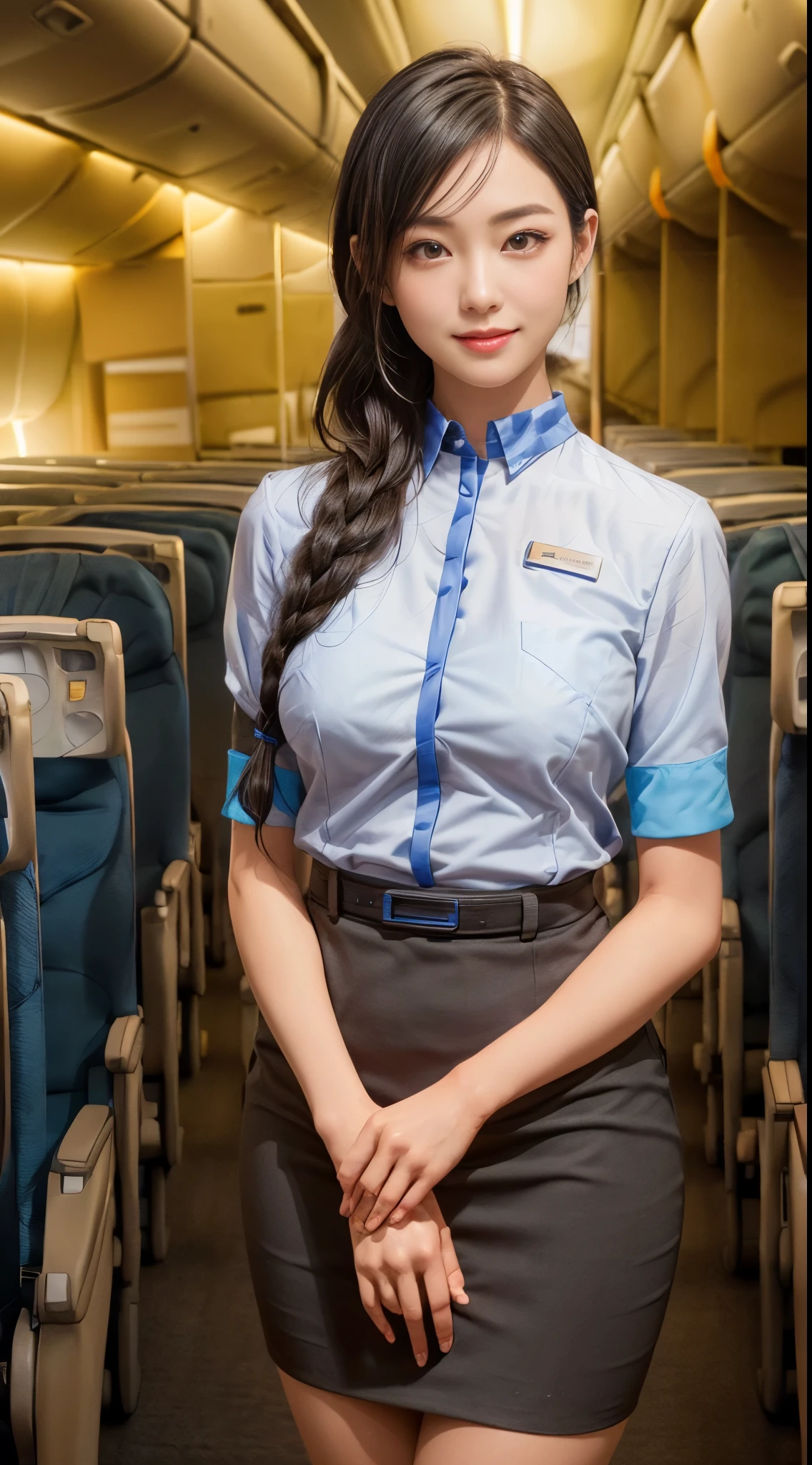 Cabin attendant on an airplane、Trending Hairstyles、(smile)、(Mature Woman)、(28 years old)、((Big Breasts))、((Super tight fitting cabin attendant uniform))、(Emblem on the left chest)、Ultra tight pencil skirt、stockings、High heels、Knee-length skirt、((Black Hair))、highest quality、超A high resolution、(Realistic:1.85)、Beautiful Japanese Eyes、Super Beauty、Perfect Style、Perfect balance、Detailed skin、((Delicate photo))，(Detailed RAW photos of girls), (Tabletop:1.25), (highest quality:1.6), (超A high resolution:1.5), (Realisticです:1.75), 8K resolution, Canon EOS R5, 50mm, Absurd, Very detailed,Cinema Lighting、