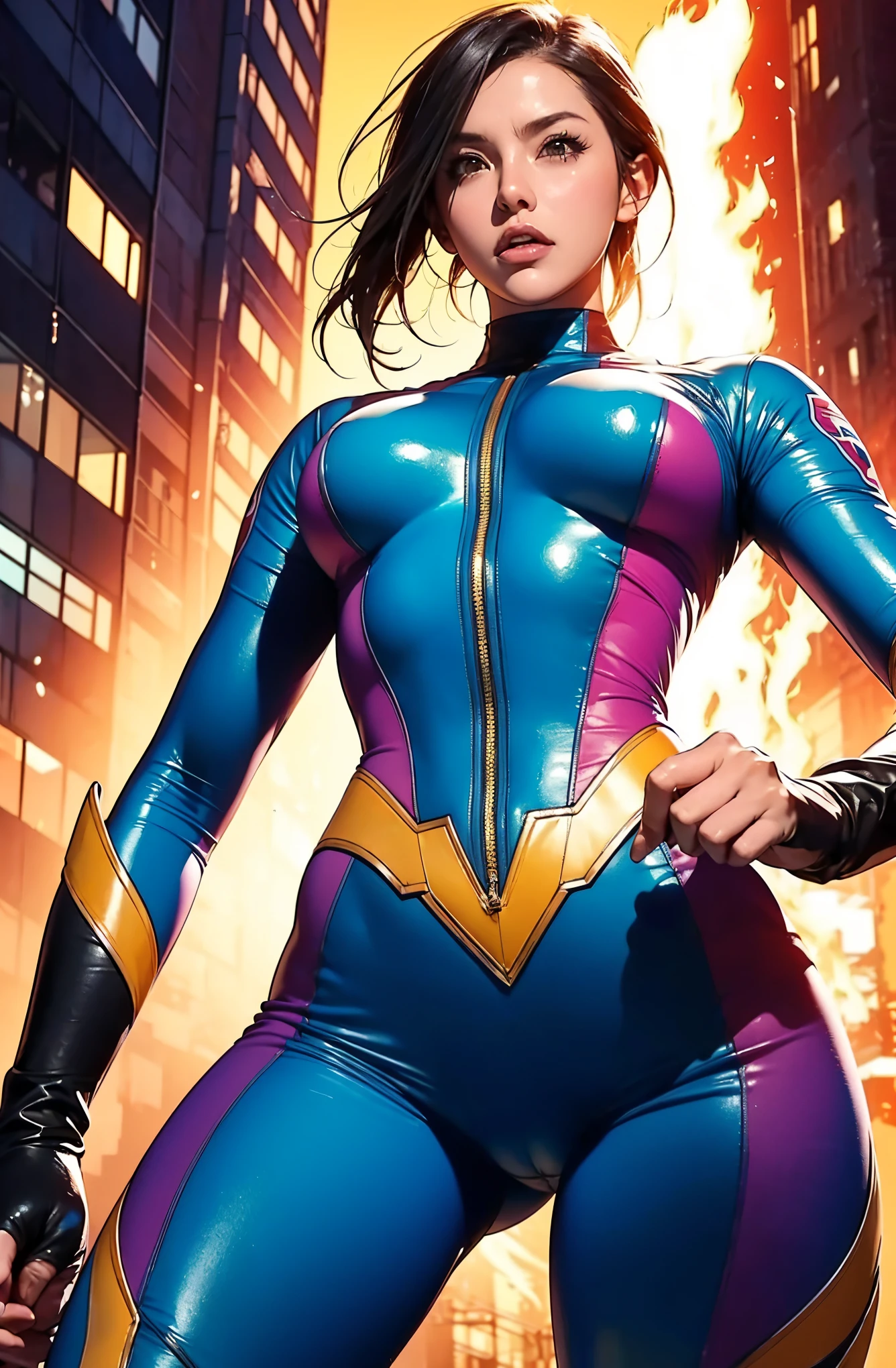 A brave and courageous image of a 6 member ranger team, Each one is decorated in vibrant colors such as:: Pink, red is front of center, violet, Green, yellow, blue black, white,. Metallic glossy body suit, Dynamic poses in a background that exudes energy and courage, neon, fire, plasma, Fluorescent, shocking, bomber, fighting pose, action pose, Embodying the essence of the classic Sentai superhero team. Each Ranger:: The attire is sophisticated and modern, Each color has elements that reflect its theme., Ready for action. ((Camel Toe)), weapons, in sunset background , in cinematic lighting, cover art mixed cinema poster style,