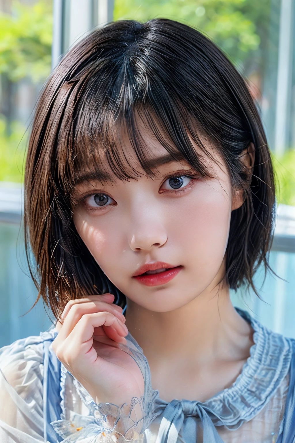 (realistic, photo-realistic:1.4),(best quality,masterpiece:1.2),RAW photo,high resolution,intricate details, insanely detailed,extremely detailed, soft light, cinematic lighting, (portrait, bust shot, frontal photography:1.8) ,solo,1girl,a 21yo female idol, (blouse,skirt:1.8),beautiful detailed eyes, detailed face, pale skin, fine-textured skin,dark hair,(short hair, bangs:1.3), photo background, indoors,,,[Nogizaka46,Aruno Nakanishi],