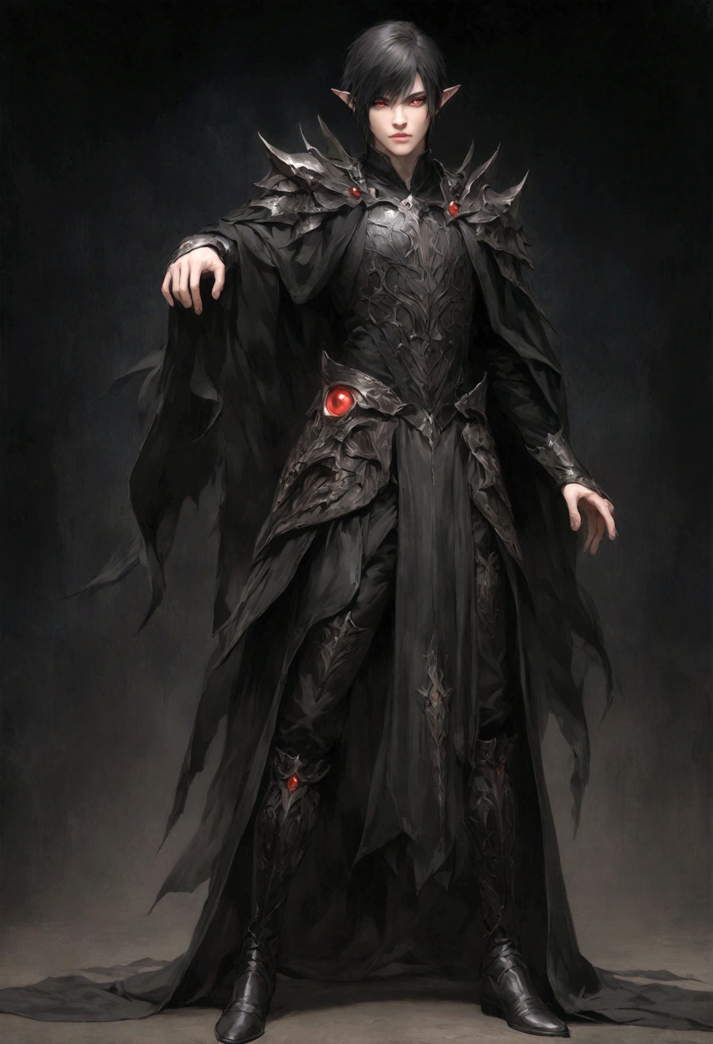 anime boy, dark elf, red eyes, black short hair, black fantasy outfit, dark background, full body, perfect face, bad boy, full quality graphics, realistic eyes
