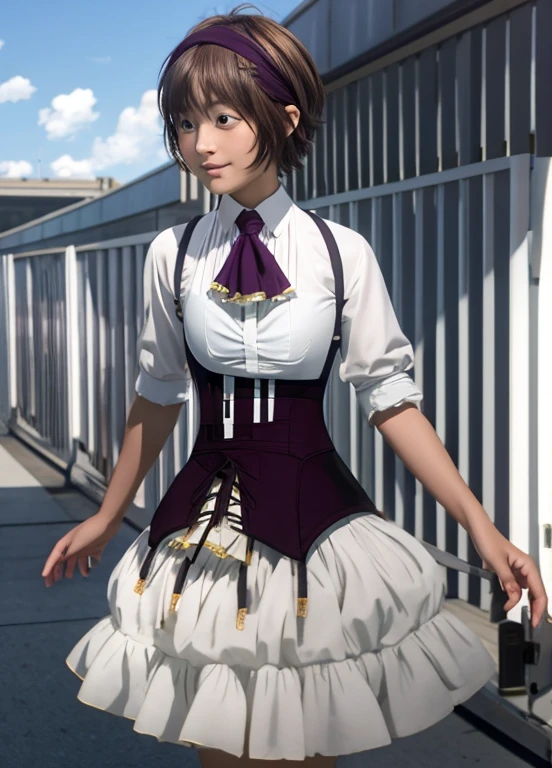 pee,Urine,Omorashi,), (Official art, extremely detailed CG Unity, Shiny skin, ), Kazuki, Elegant costumes:1, short brown hair, Purple eyes:1, hair band with pendant:1, White Dress, Short tie, Small breasts, black corset with suspenders, to stand, blush,,lift up one's skirt , (Full body:0.6), (City Background:1.2)