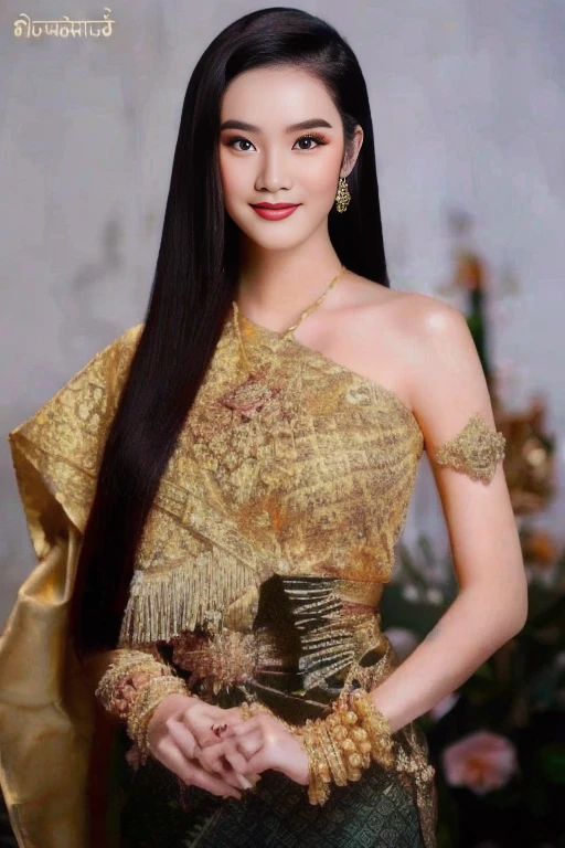 Woman in gold dress poses for photo, traditional beauty, Niwan Chandra, Southeast Asia that has existed for a long time, In Lammanh style, Sukhothai set, traditional dress, Dilraba Dilmurat, Thai anime girl, traditional, Nattawut Baiphothiwong, traditional art, My Anh Tran