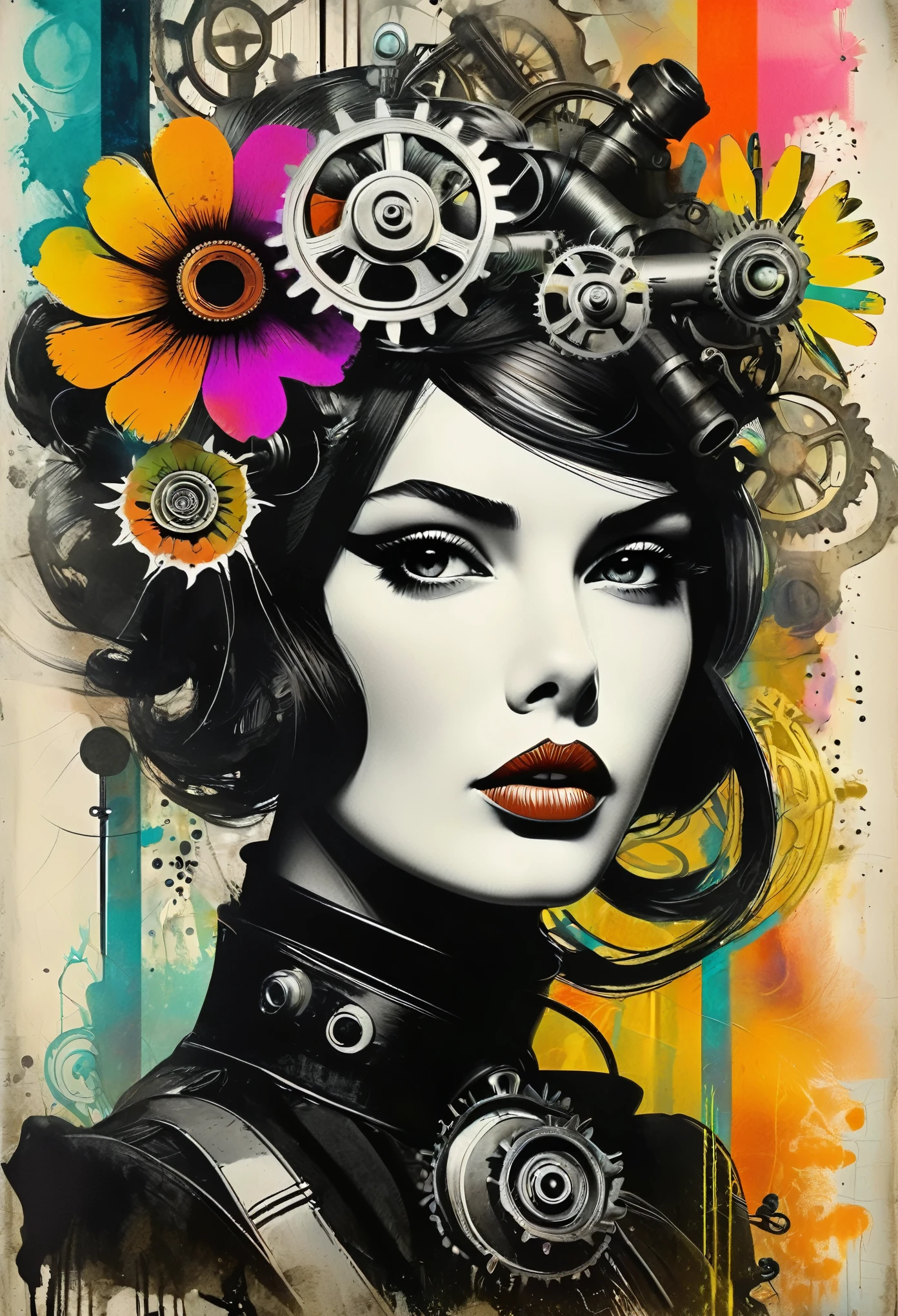 Lithography sketch portrait of a woman, flowers, [gears], pipes, dieselpunk, multi-colored ribbons, old paper texture, ((Loui-Jover style!)), Gloomy foggy atmosphere, surrealism, The absurdity of cuteness, attractiveness and rejection of extraordinary appearance, magic naive art, primitivism, protogen, , ((best quality, Masterpiece)), ((Highest detail)), RAW:1,1, 8k