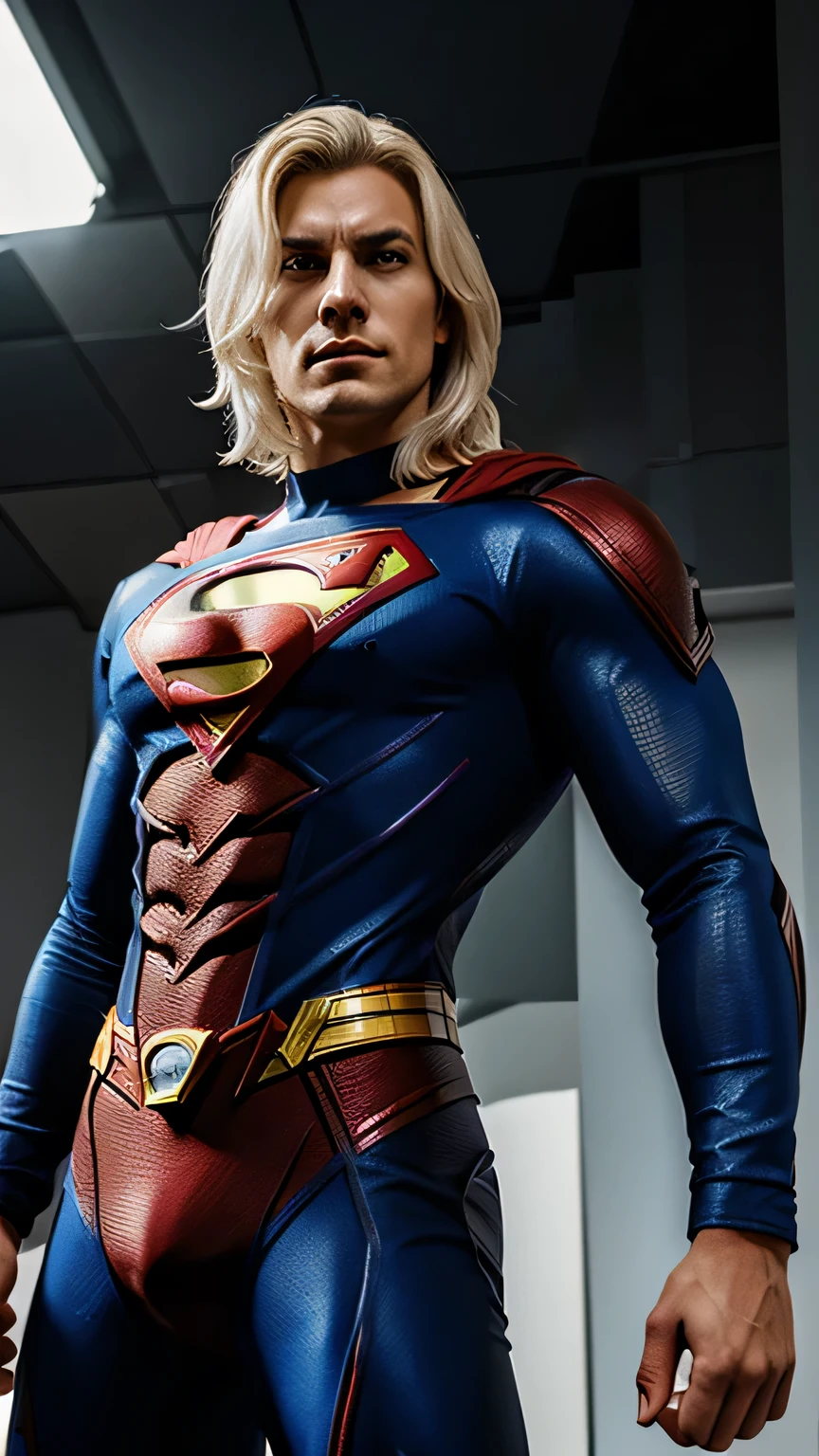 Realistic design of a perfect amalgamation of Omniman, Homelander, Brightburn y Superman Prime. In a new male super villain (solitario) de look innovador. Almost white hair and golden locks, ojos rojos, combining the aesthetics of their suits into a totally unique one. Flying with a pose demonstrating its unlimited power (en el espacio sobre la tierra). Graphic novel style. Con muchos detalles, colores vivos, calidad 8k, epico, excepcional, fantastic I have incredible.