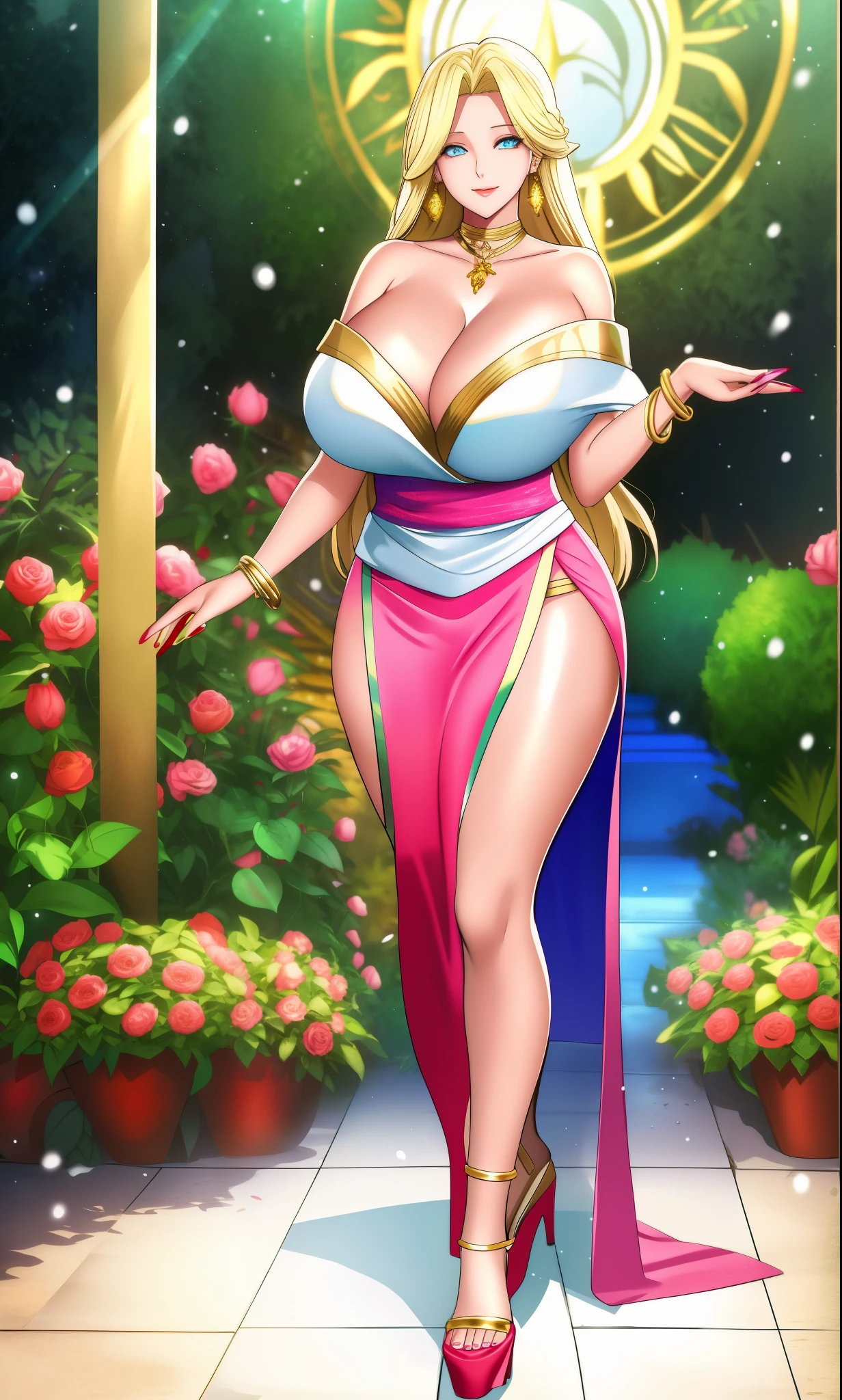 An extremely beautiful busty woman, with gold blonde long silky hair, blue oceanic eyes, extremely super bright snow white fair stunning flawless glowing lush shiny white skin, and complexion, a perfect tight hourglass figure, a thick plump ass, cleavage, and perfect hips, wearing a short loose revealing pink floral dress with a sash around waist with a blye off-shoulder cardigan, yellow heels, jewelry on the neck, silver bangles on her wrist, and anklets on her legs, gold earrings, a cute adorable smile, pink puffy lips, pink nails, red rose on hair, standing straight, hands joined together, looking at the viewer, big garden in the background, day time, show full body from head to feet.
