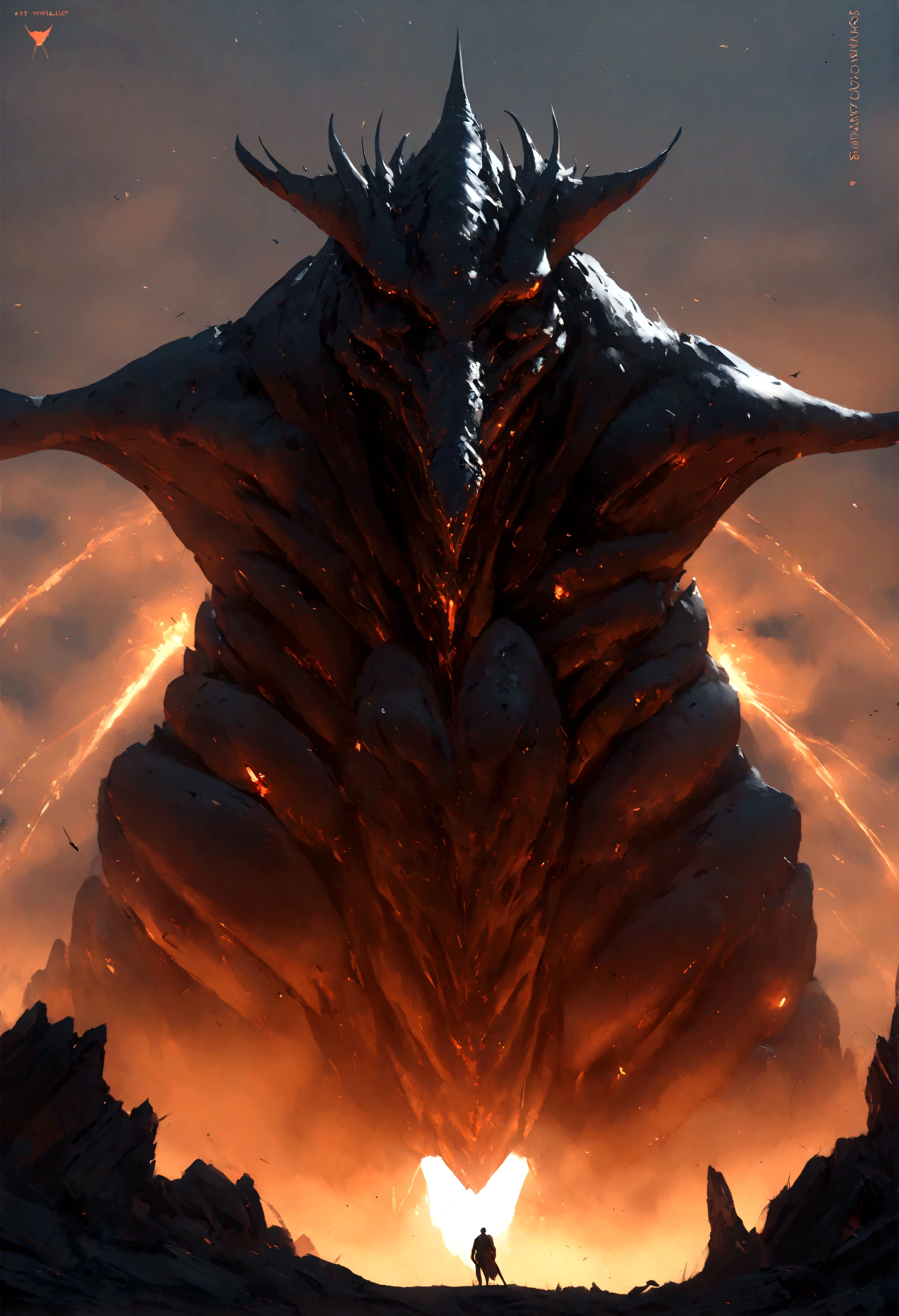 A very detailed painting,Depicts a man on a hill gazing at a giant alien monster, author:Shinkai Makoto, By Art Jem, From wlop, author:Greg Rutkowski, Volumetric Lighting, Octane Rendering, 4K resolution, Popular on artstation, masterpiece