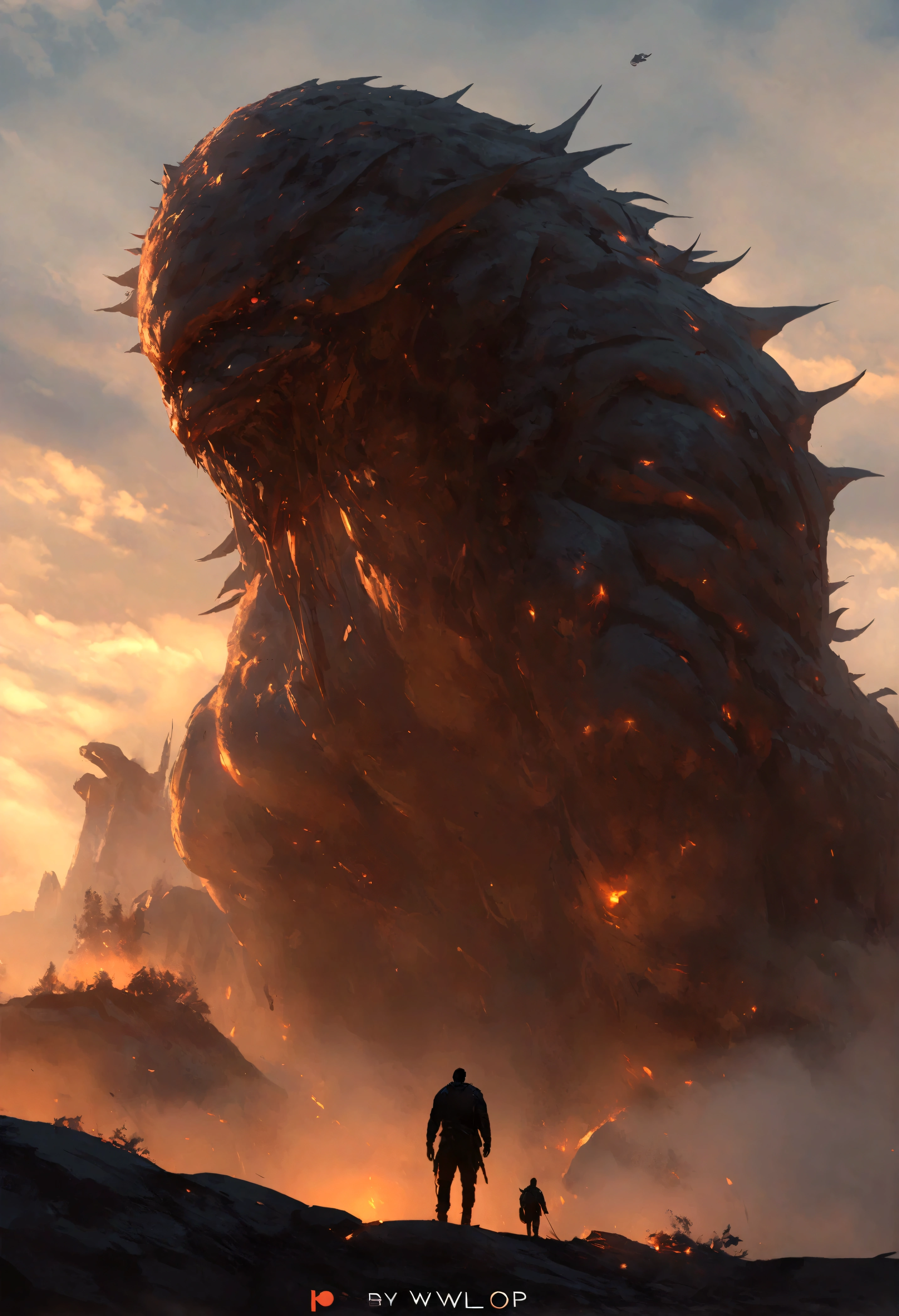 A very detailed painting,Depicts a man on a hill gazing at a giant alien monster, author:Shinkai Makoto, By Art Jem, From wlop, author:Greg Rutkowski, Volumetric Lighting, Octane Rendering, 4K resolution, Popular on artstation, masterpiece