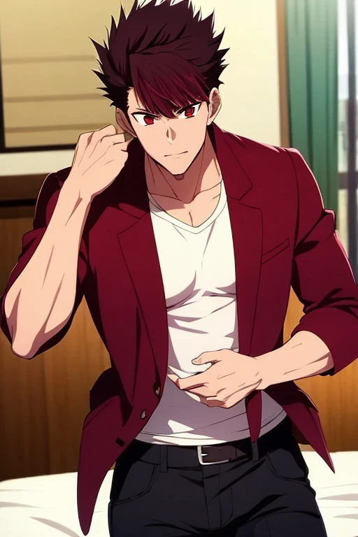 A handsome male student black spiky hair with red eyes, tall and muscular in a for Yotaka Highschool from Oshinoko