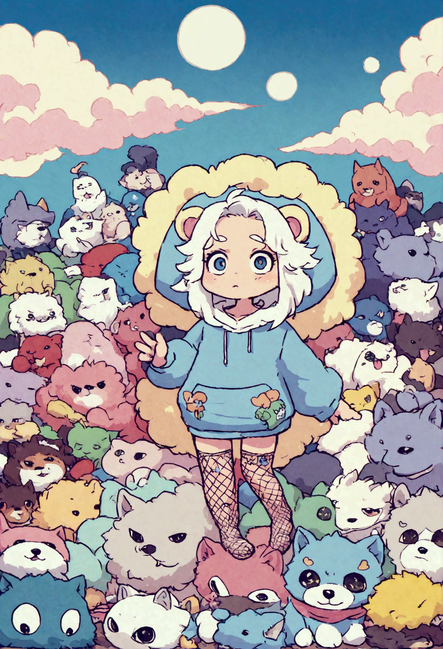 desnuda nude un lindo macho adulto con orejas de lobo, pelo blanco, tiene cola de lobo, vistiendo una sudadera con capucha negra extragrande y holgada, wearing a pair of denim corto cortos and fishnet stockings, muslos gruesos, Caderas anchas, Relaxing on a pile of fluffy, multicolored kawaii stuffed animals, corto, Muy delgado, mostrando barriga delgada, estiramiento hacia fuera, heart in hoodie, muslos blandos, tiene ojos azules brillantes. alone, solo (ALONE)(SOLO), rodeado de arcoiris, colorido fondo de galaxia