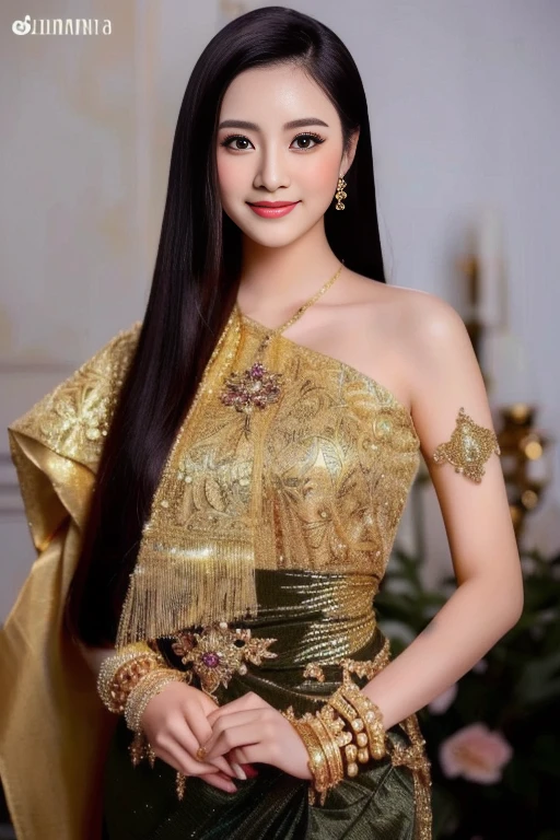 Woman in gold dress poses for photo, traditional beauty, Niwan Chandra, Southeast Asia that has existed for a long time, In Lammanh style, Sukhothai set, traditional dress, Dilraba Dilmurat, Thai anime girl, traditional, I&#39;m a deceiver., traditional art, My Anh Tran