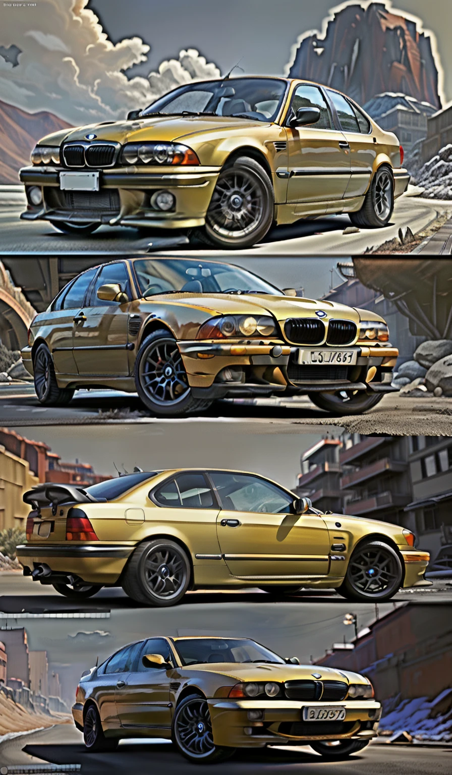 I'll describe an image of a stylish BMW E46 Compact 316ti from the year 2002, embracing a distinctive copper tone that shines under the sunlight. The car will be adorned with BBS Lemans rims, painted in a sleek, dark metallic gray. The highlighted feature would be the brakes, vibrant with fluorescent yellow, adding a touch of modernity against the vintage charm of the copper body. The roof, presenting a contrast, will be finished in a glossy black, subtly accentuating the car's lean silhouette. Lastly, a European license plate from Spain will be displayed on the back,