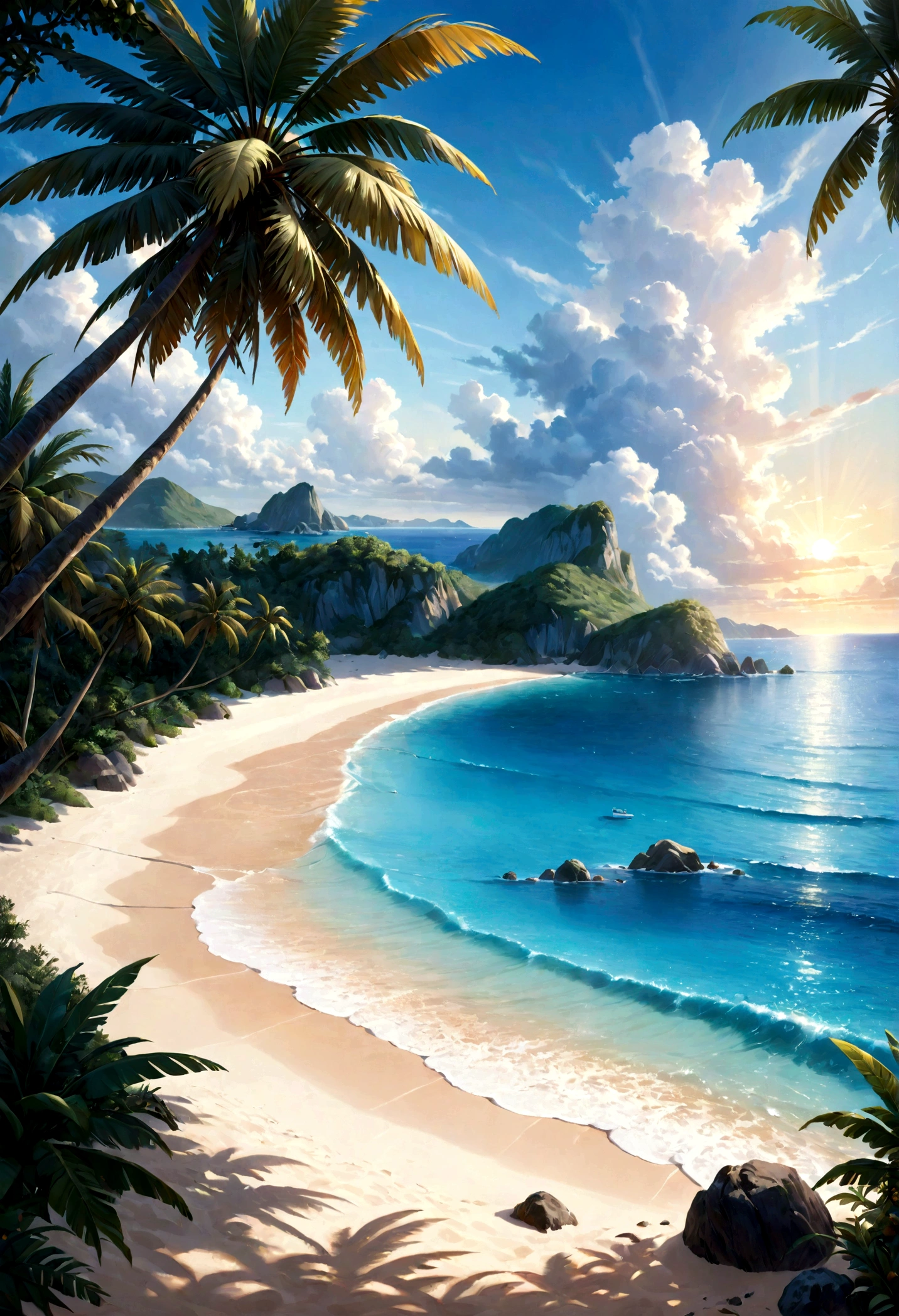 A tranquil seaside landscape, sun-drenched ocean, golden sand beach, beautiful detailed clouds, serene atmosphere, oil painting, lush tropical foliage, warm inviting light, soft pastel colors, enchanting dream-like quality, ultra-detailed, (best quality,4k,8k,highres,masterpiece:1.2),ultra-detailed,(realistic,photorealistic,photo-realistic:1.37),landscape,seascape,seascape painting,tropical paradise,idyllic beach scene,cinematic lighting,vibrant colors,stunning realism