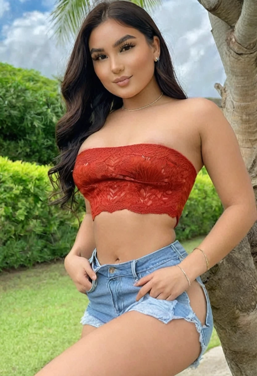 (((high quality:1.2))), Work of art, (8k), extremely detailed, ((High detail:1.2)) ((best resolution)), (Hotlexi woman), Solo, 24 years old Colombian female, (strapless crop top, mini-shorts), (((NSFW cropped open underboob))),