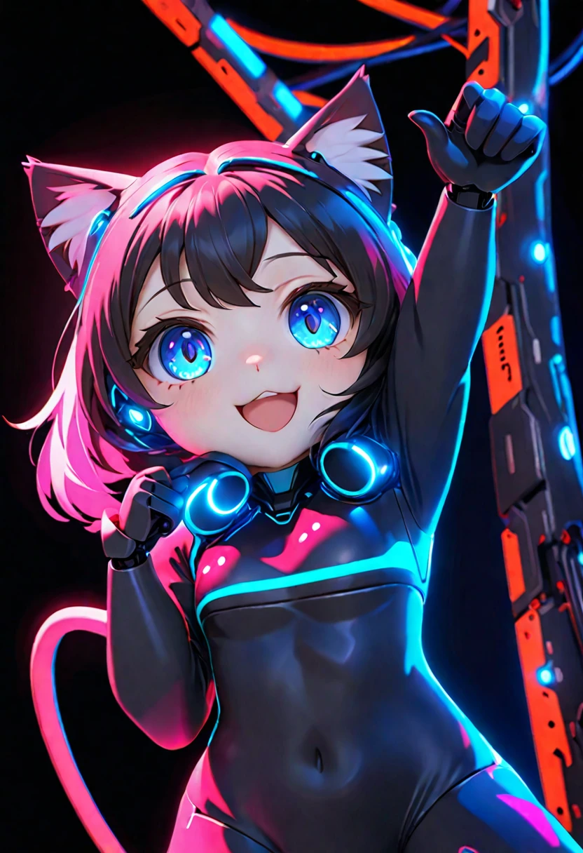 cat girl, chibi, cat girl-робот, in a neon robotic suit, suit with wires, neon hair, neon eyes, reaches for the sign, which hangs on a neon tree, fabulous neon tree, Rendering, anime фоновое искусство, winner of the pixiv competition, Anime girl with cat ears cute!! chibi!!! cat girl, милый anime cat girl, with index finger, to some, anime cat girl!, cat girl, chimonomics, run, fluffy furafinity, masterpiece, top quality, Best quality, official art, Beautiful and aesthetically pleasing:1.2), 2d, (Best quality, masterpiece), anime, (very detailed face), (very detailed eyes), Black background, Ideal lighting, (очень подробно одета in a neon robotic suit)