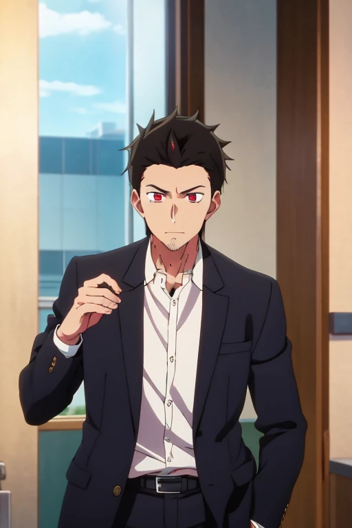 A handsome male student black spiky hair with red eyes, tall and muscular in a for Yotaka Highschool from Oshinoko