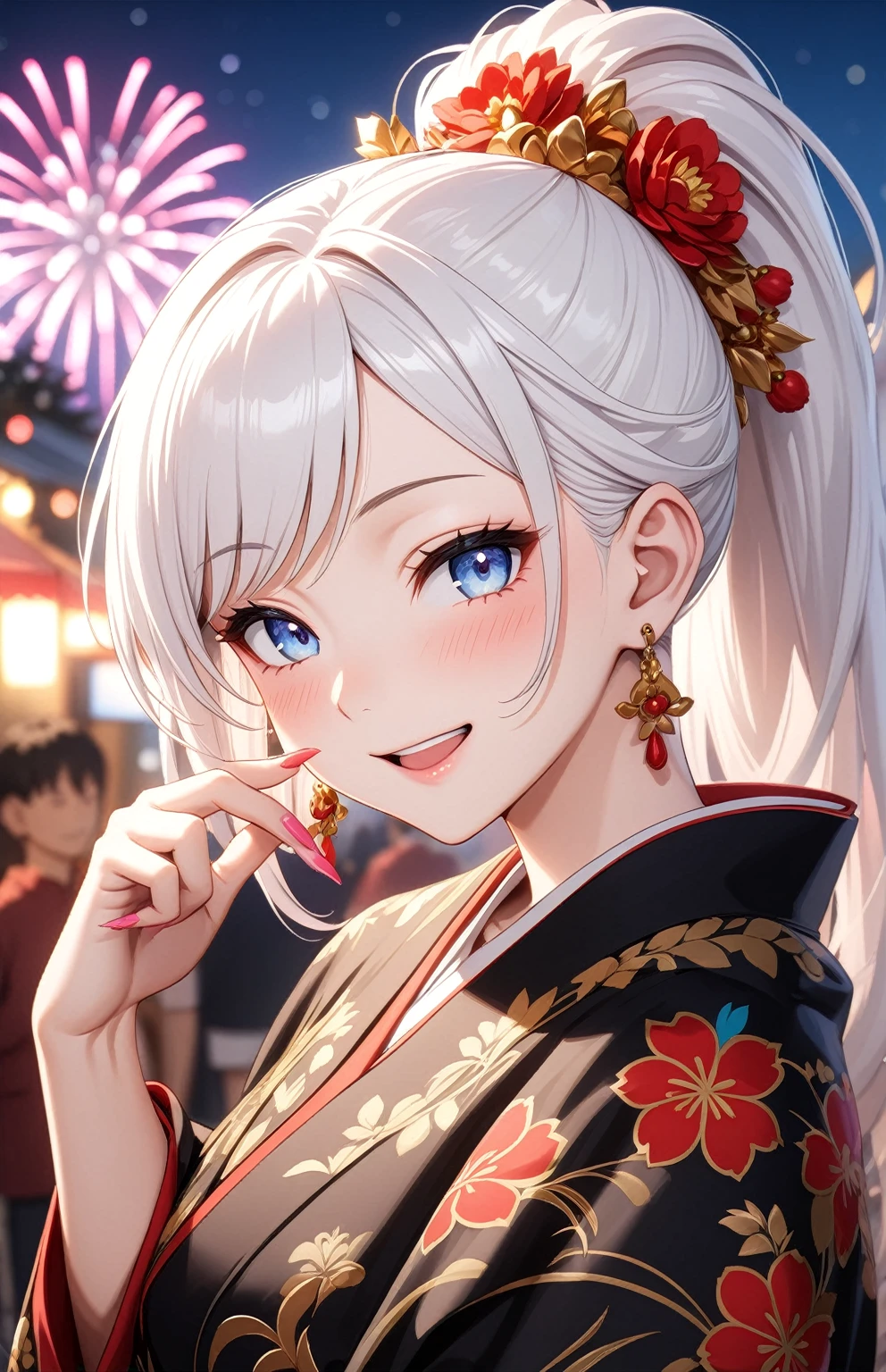 ((one personの女性)), Beautiful Face,Laughing embarrassedly,Laughing with your mouth open,(Wink:2.0),Bright red cheeks,Glossy pink lips,night,Festival stalls on the riverbank,Colorful fireworks,((Anime style background)),masterpiece, highest quality, so beautiful, Latest, Complex details, (Pink long nails),AI-generated, Complex,High resolution, highest quality, super high quality,3D Images、View your viewers、3D Images,one person,Long white hair,High Ponytail,blue eyes,Anime woman posing for a photo, (Fine grain、Blue colorful eyes、Shining Eyes:1.1),(Squint your eyes:1.1),a hyperRealistic , hyperRealistic , Realistic,Anime woman with long and white hair, Smooth anime CG art, A woman in a colorful kimono with gold embroidery, (Black kimono),Red floral pattern,Long flower hair ornament,Big earrings,,Mature Body,(Big Breasts:1.0)Tall,Big Ass,Fine details,Narrow waist,(Face close-up:1.5),Bevel the background
