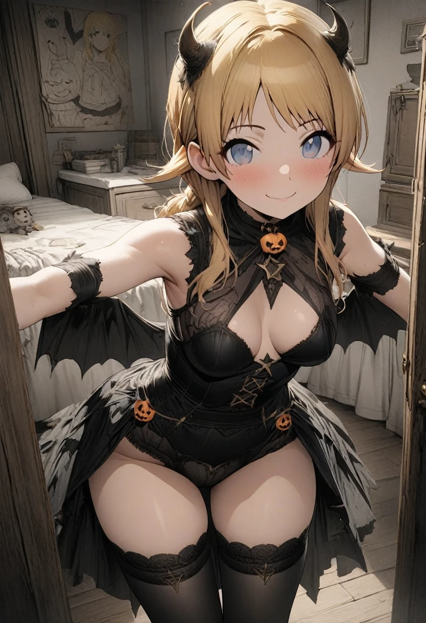 NSFW,(pale illustration,anime illustrations:1.2),(masterpiece, highest quality, so beautiful, Super detailed),textured skin, high details,8k,gleaming skin,pale outline

(hachimiya meguru, idolmaster:1.2),gold hair,

1 girl,(black Thighhighs:1.3),middle breasts,shorty,happy smile,
halloween costume,standing,
from front,white and clean bedroom