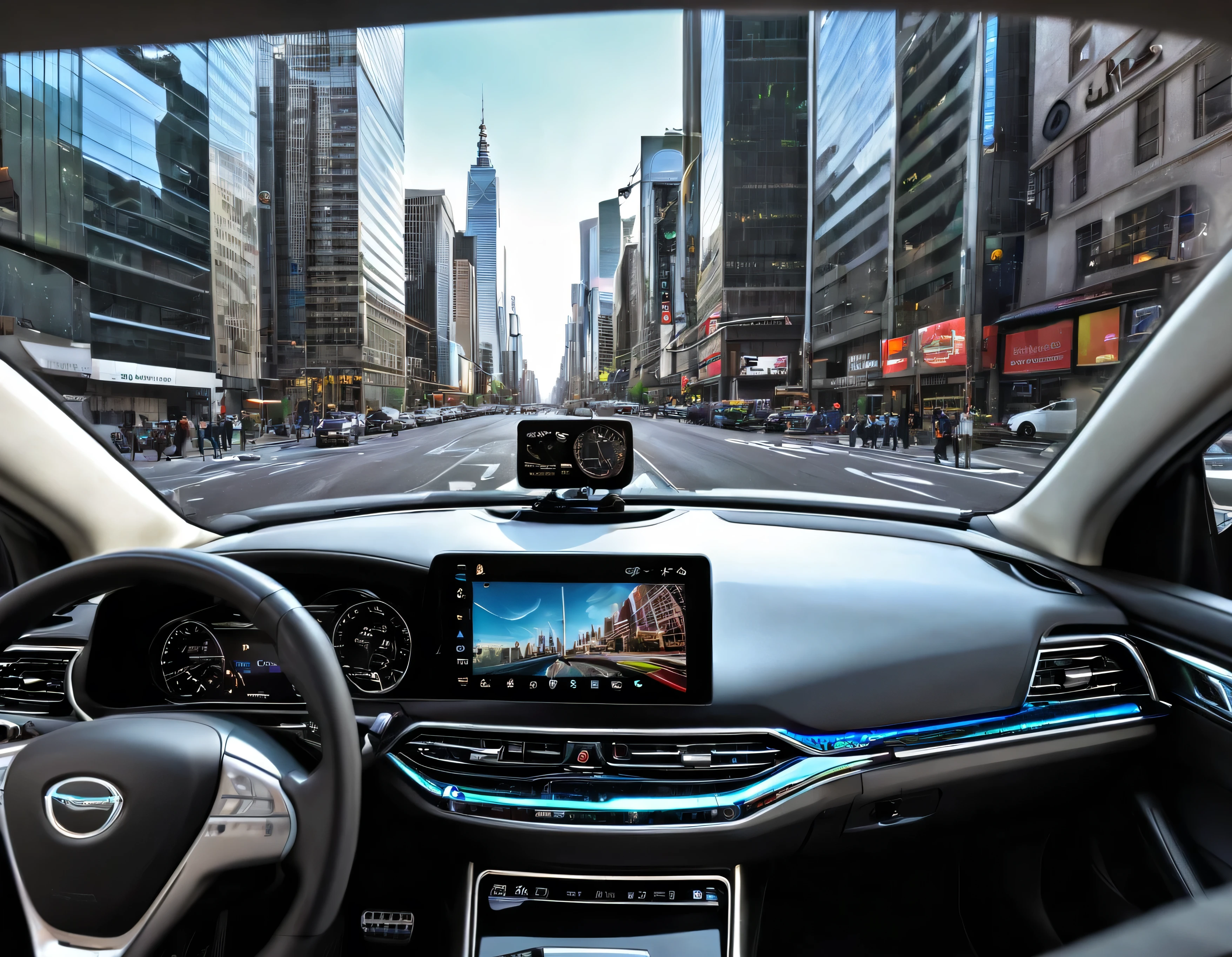 arafed view of a car with a dashboard and a view of a city, inside of a car, interior background, full view of a car, wide fov, a hyper realistic, hyper detailed scene, hyper-realistic, hyper - realistic, highly detailed environment, inside a grand, luxury, first person view perspective, realistic depiction, holographic display lenses