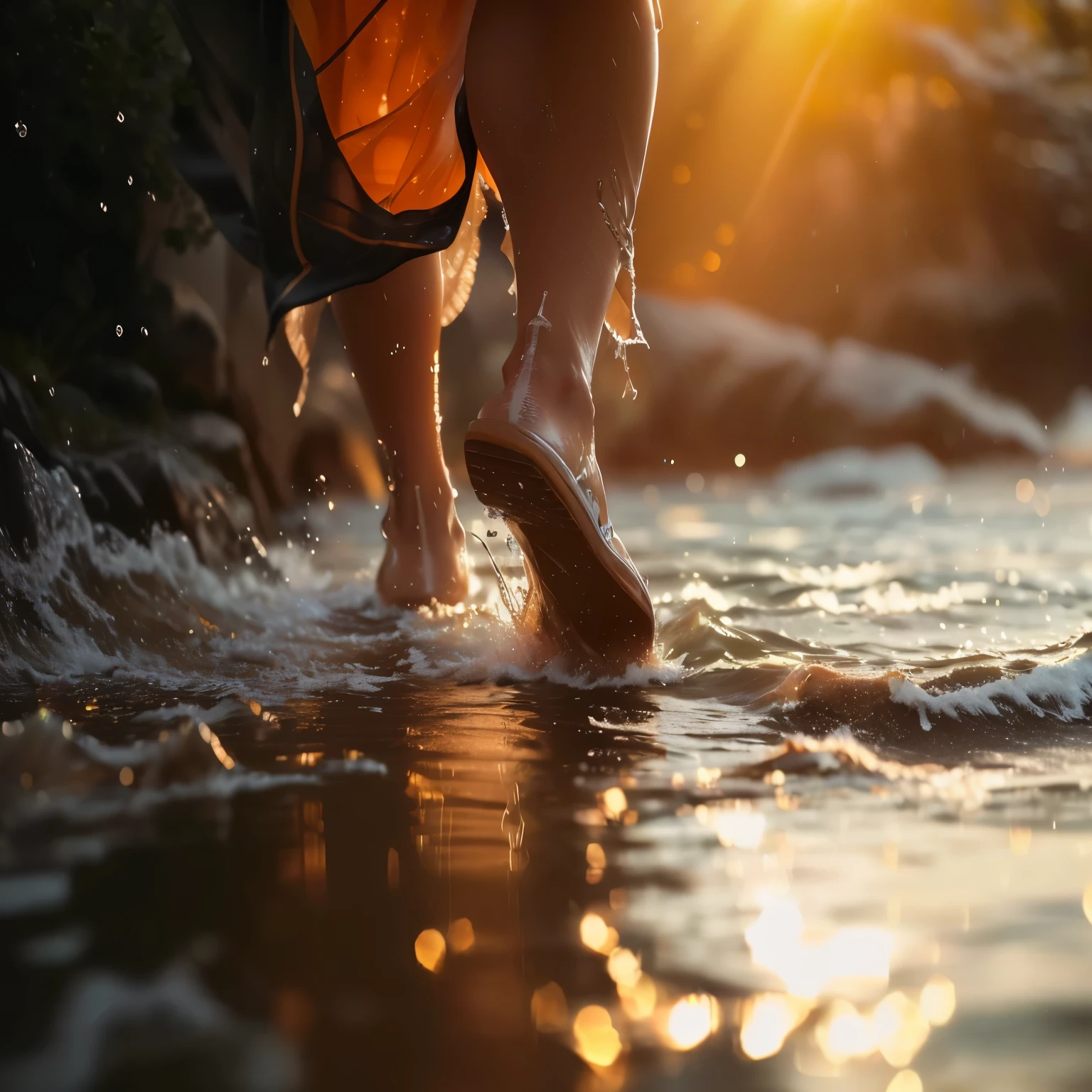 araffe caminando en el agua al atardecer con una luz brillante, wet pies en el agua, pies en el agua, she is walking on a river, standing in a shallow river, parado en el suelo del agua, professional foot photography, caminar sobre el agua, parado en aguas poco profundas, descalzo, by Iraqi Nadar, foto ganadora del concurso unsplash, durante la hora dorada