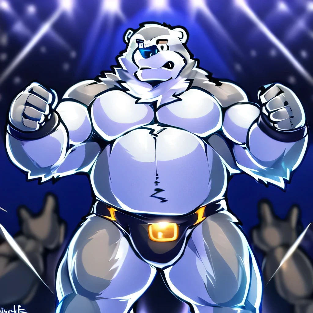 Author: Megawaffle, (1 boy), One, a huge thick muscular grizzly bear, black speedo bodybuilding competition,posing on stage,bodybuilding,extremely detailed, photorealistic, award winning, cinematic lighting, dramatic pose, powerful muscles, rippling fur, intense expression, stage, audience, judges, flexing hard, dramatic background (Detailed brown eyes), Browster, a high resolution, Best quality), 4k,