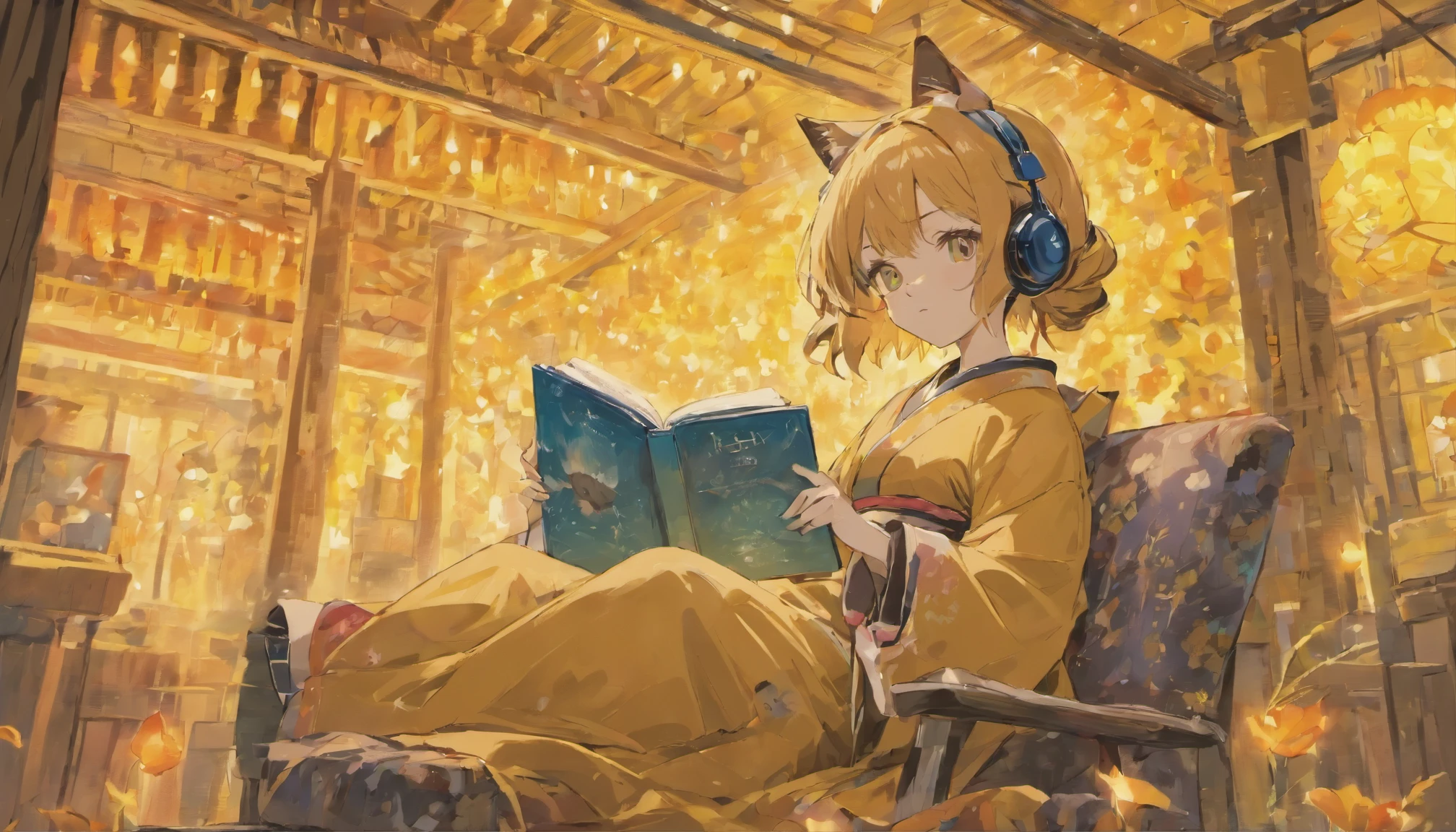 A cat reading a book with headphones on, Van Gogh Style, oil,Kyoto,kimono