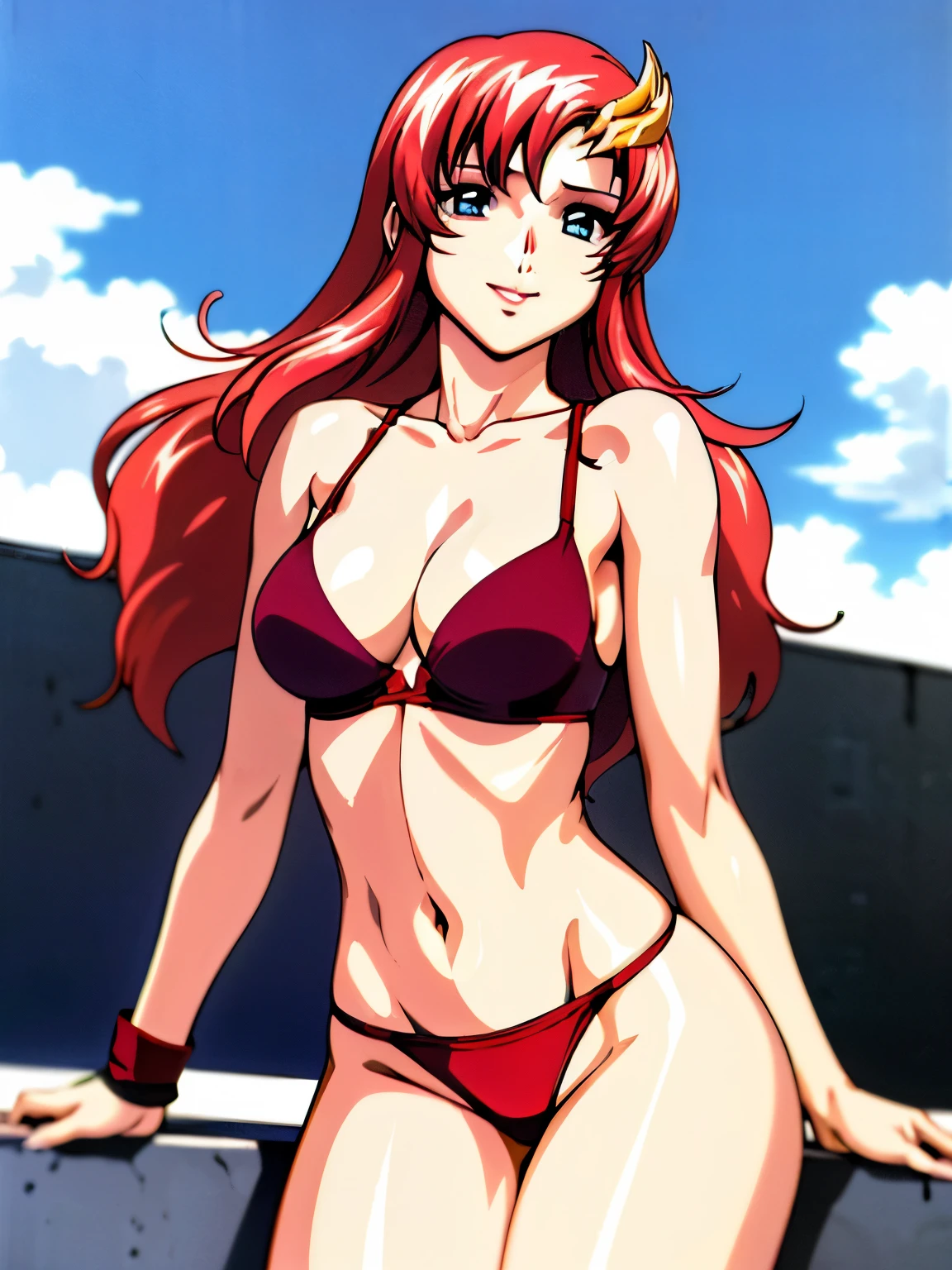 lacus4, (red bikini, running, string thong, thin girl, masterpiece, cowboy shot, very slim shoulders, 4K, Best Quality, Anime style: 1.9, happy, Adult Woman, (ultra detailed head), (Crowd, cloud background), Drawing lines, high resolution, lacus4), 1girl, Solo, curvy figure, clavicle, scapular, (Detailed wide hair bangs, Hair Ornament, Detailed reddish-pink hair, shiny streaks, slim arms, detailed golden crest), cleavage, large hands, (hair cover shoulders). (Big blue eyes, shiny eyes), ((female wrestler, (slim body), slim arms, SITTING on wall , thighs)), ((perfect proportions, medium-small breasts, medium thighs, long belly)), ((totally red bra, red arm band, red arm band)), smile with a wink, (standing, hot colors), detailed fingers, (bare shoulders)