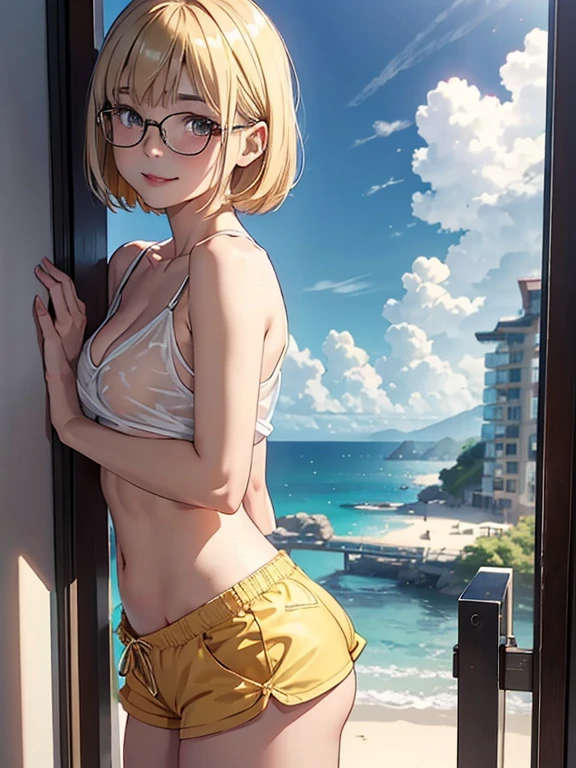 1 girl, bangs, Nude Body, 14-year-old girl, short transparent top, Blonde hairstyles, cleavage, mouth, very small breasts, small nipple, viewer facing ass, back on screen, smiling, tight, micro transparent shorts 1.9, Ultra HD | |, 4k image, glasses, character near camera, sexual poses